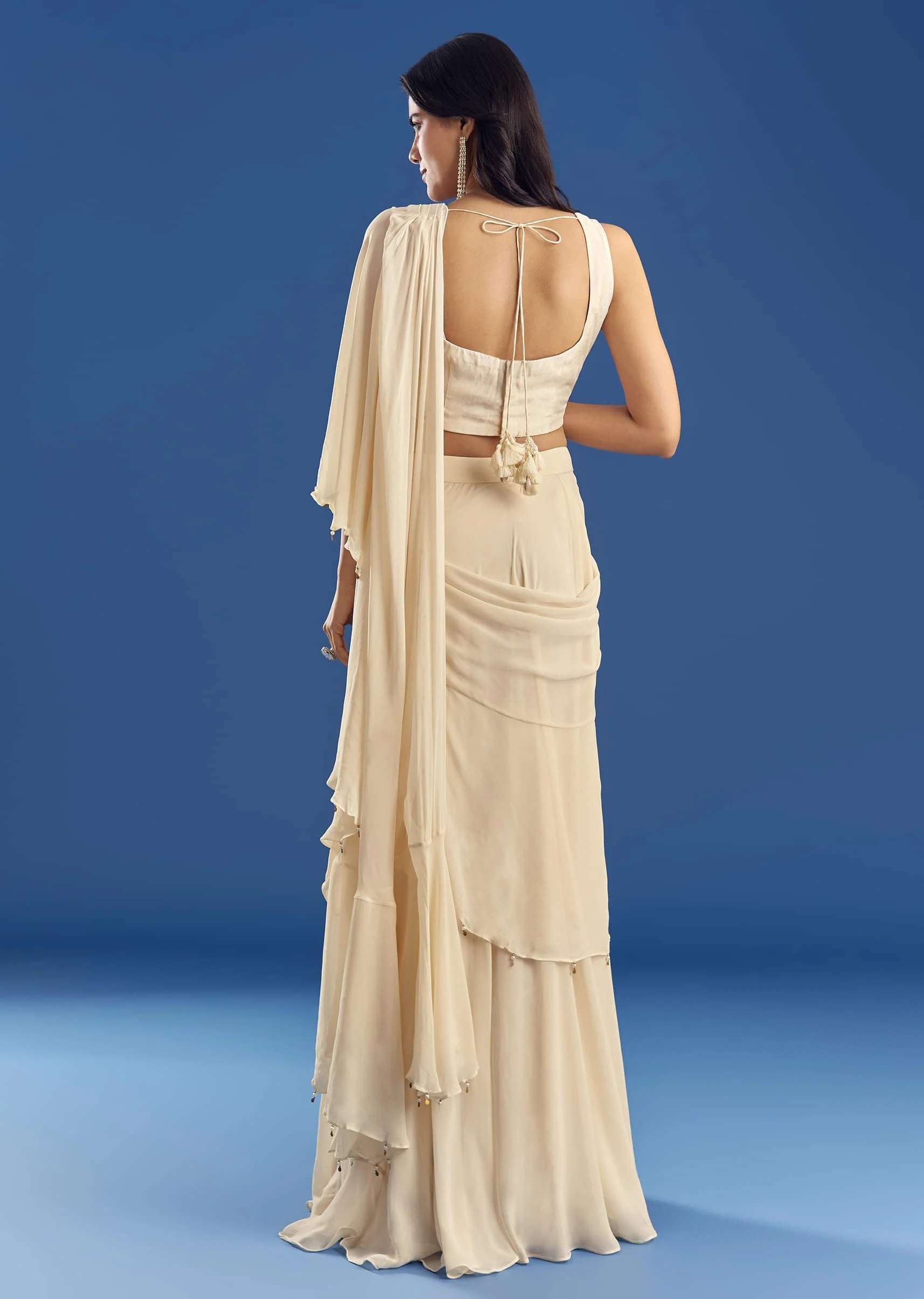 Off White Georgette Pre Draped Saree With Moti Zardosi Work - Image 5