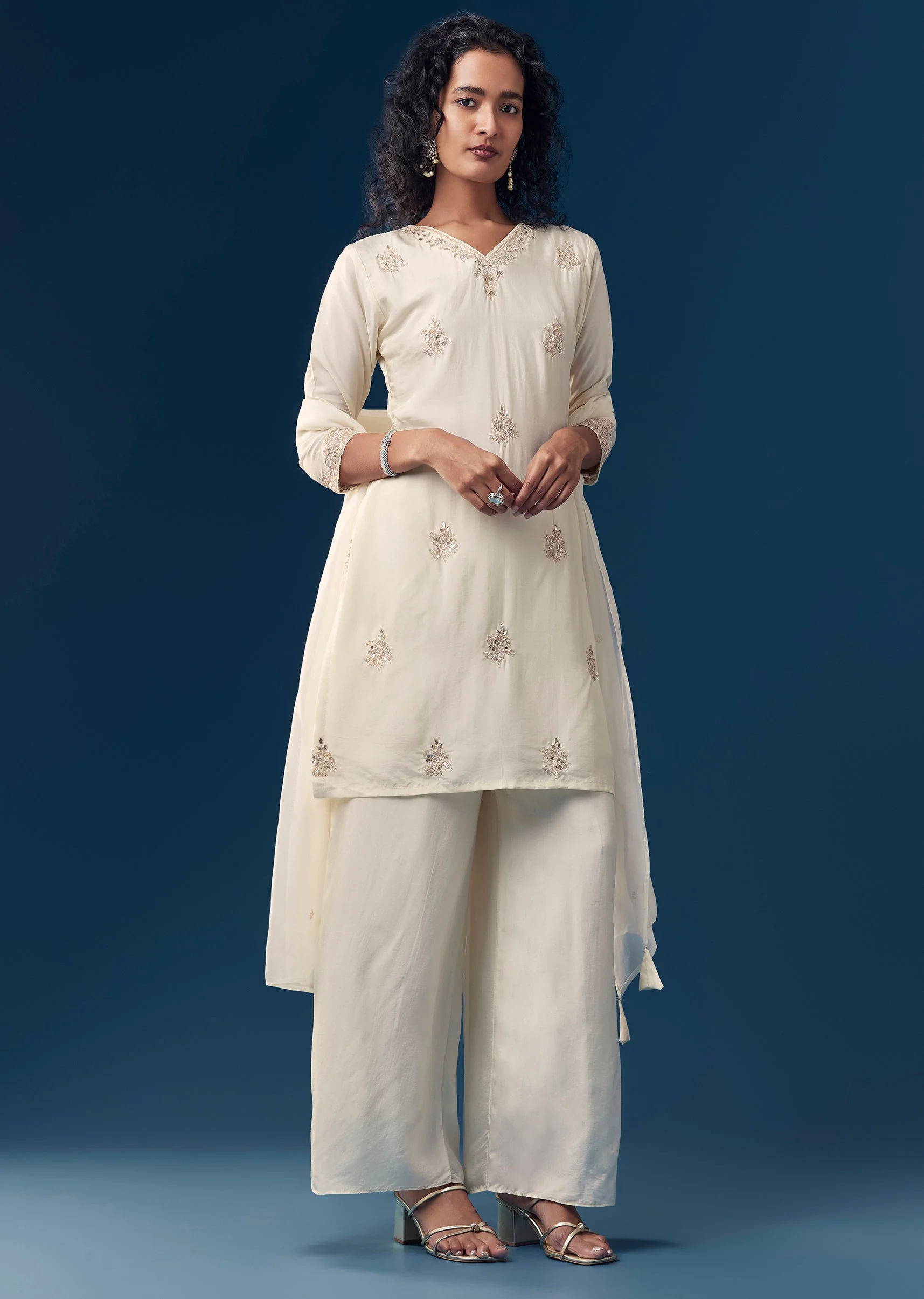 Off White Gota Work Silk Kurta Set
