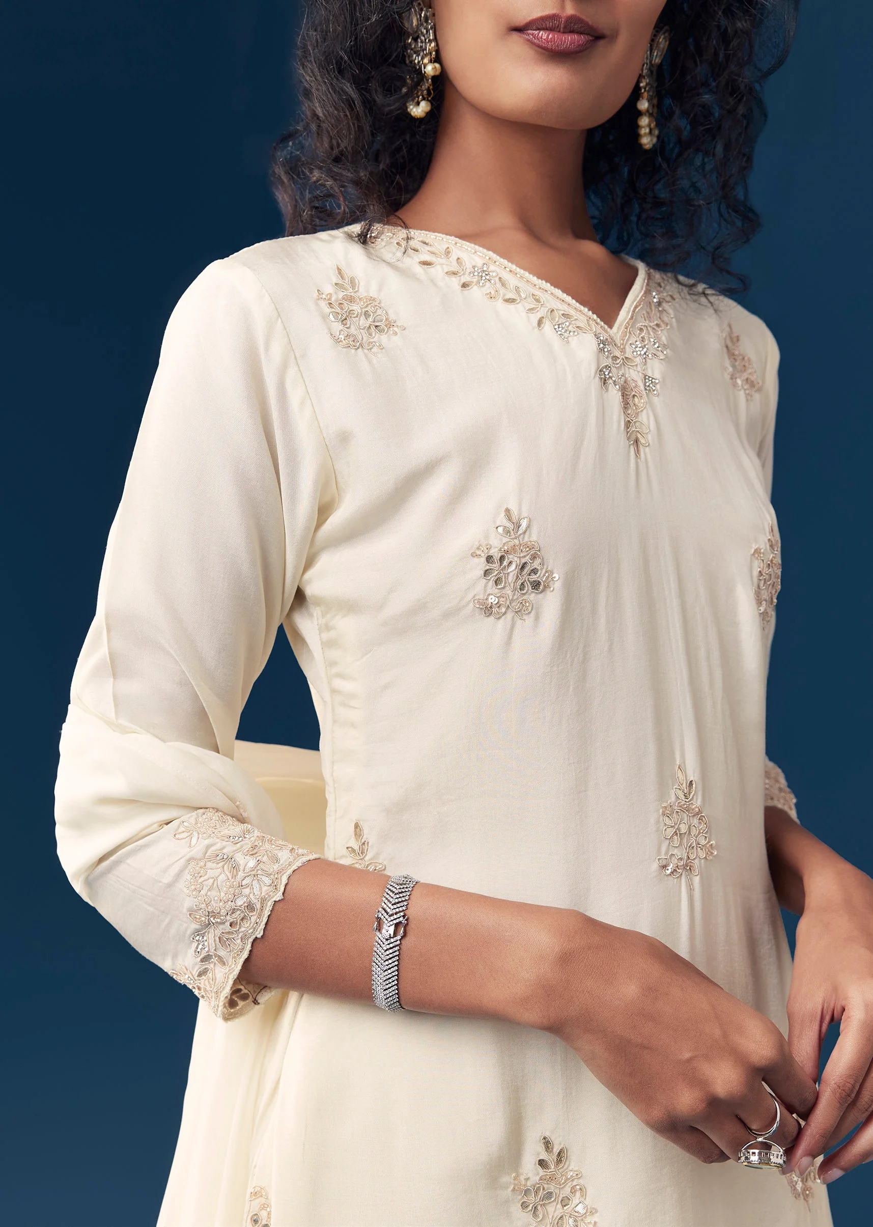 Off White Gota Work Silk Kurta Set - Image 2