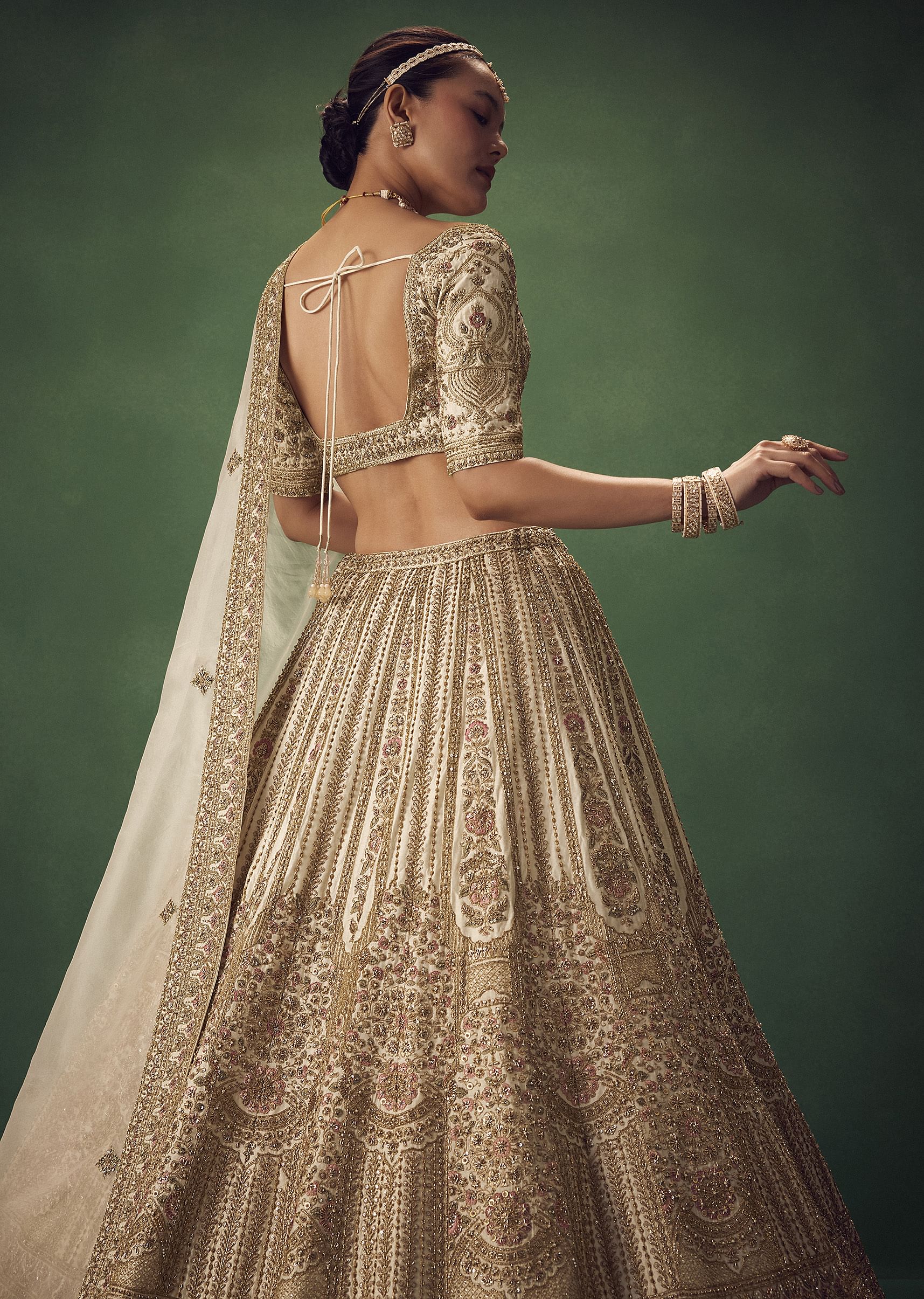 Off White Hand Embroidered Lehenga Set - Image 4