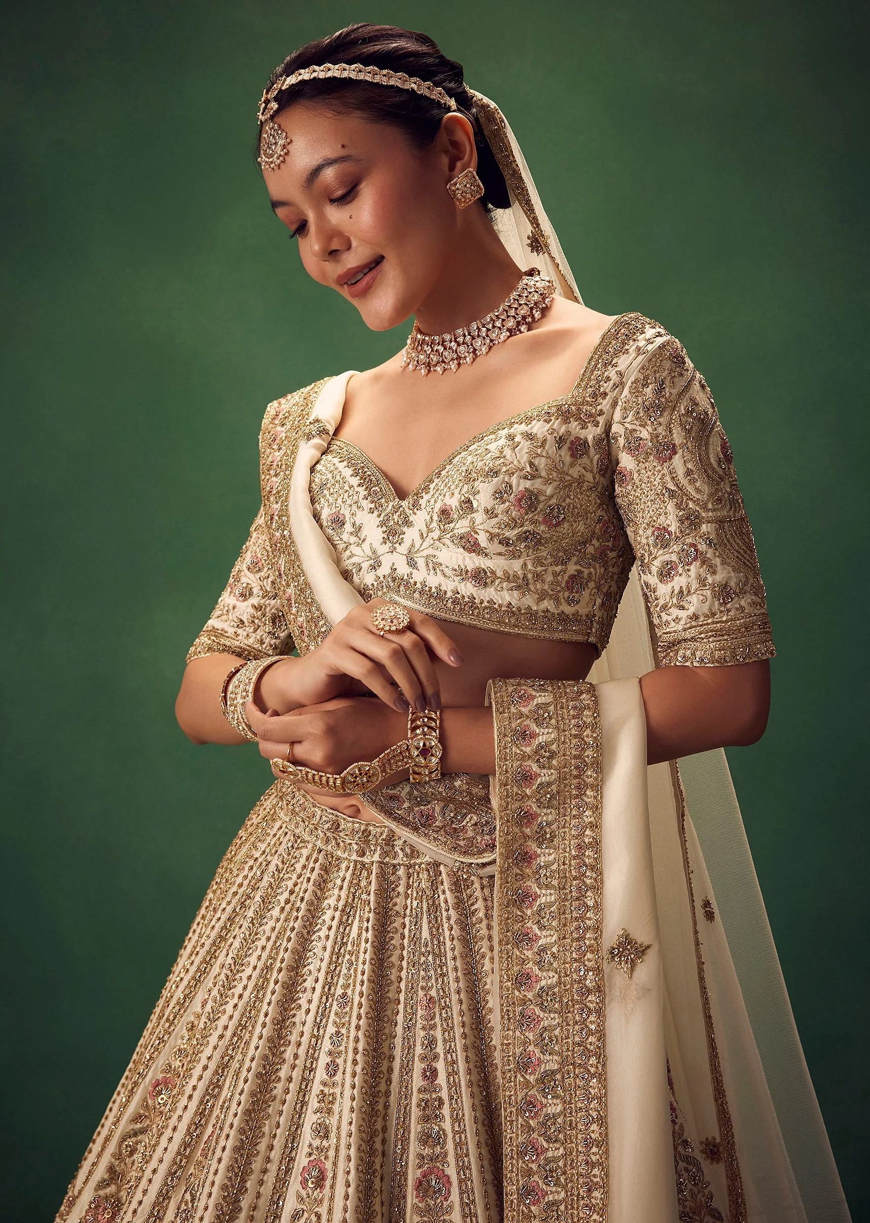 Off White Hand Embroidered Lehenga Set - Image 5