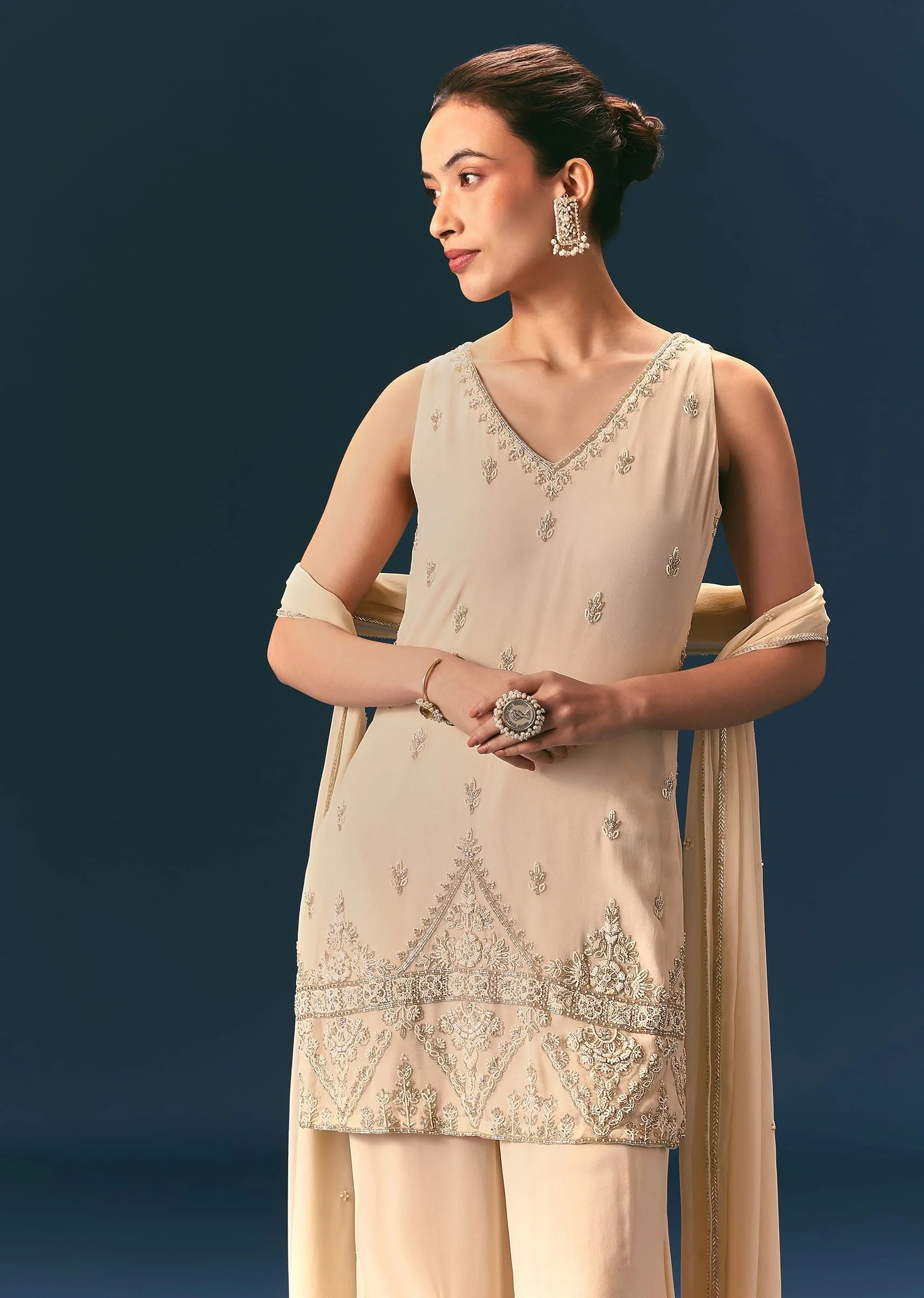 Off White Hand Embroidered Sharara Suit With Choker Dupatta - Image 5