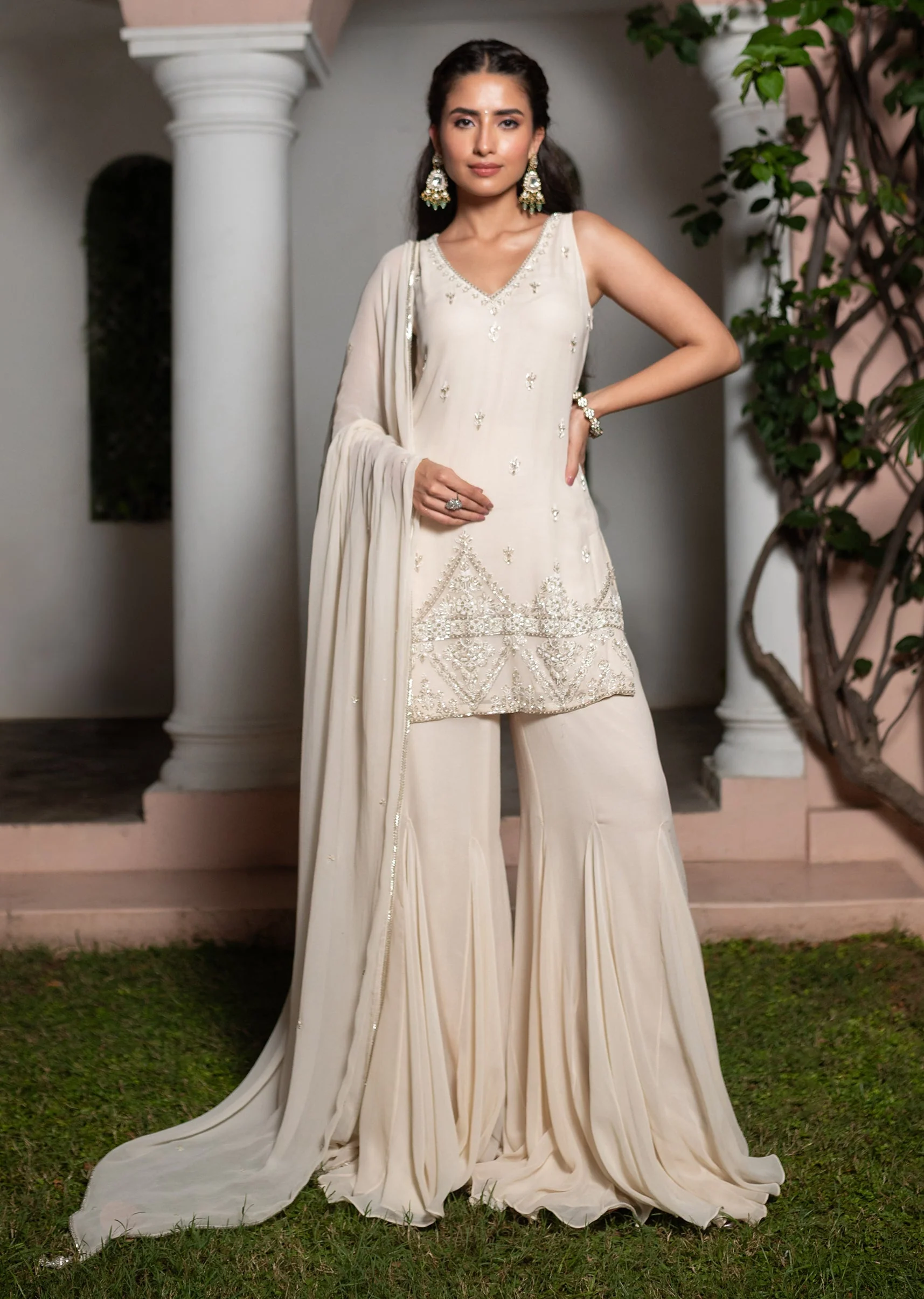 Off White Hand Embroidered Sharara Suit With Choker Dupatta - Image 6