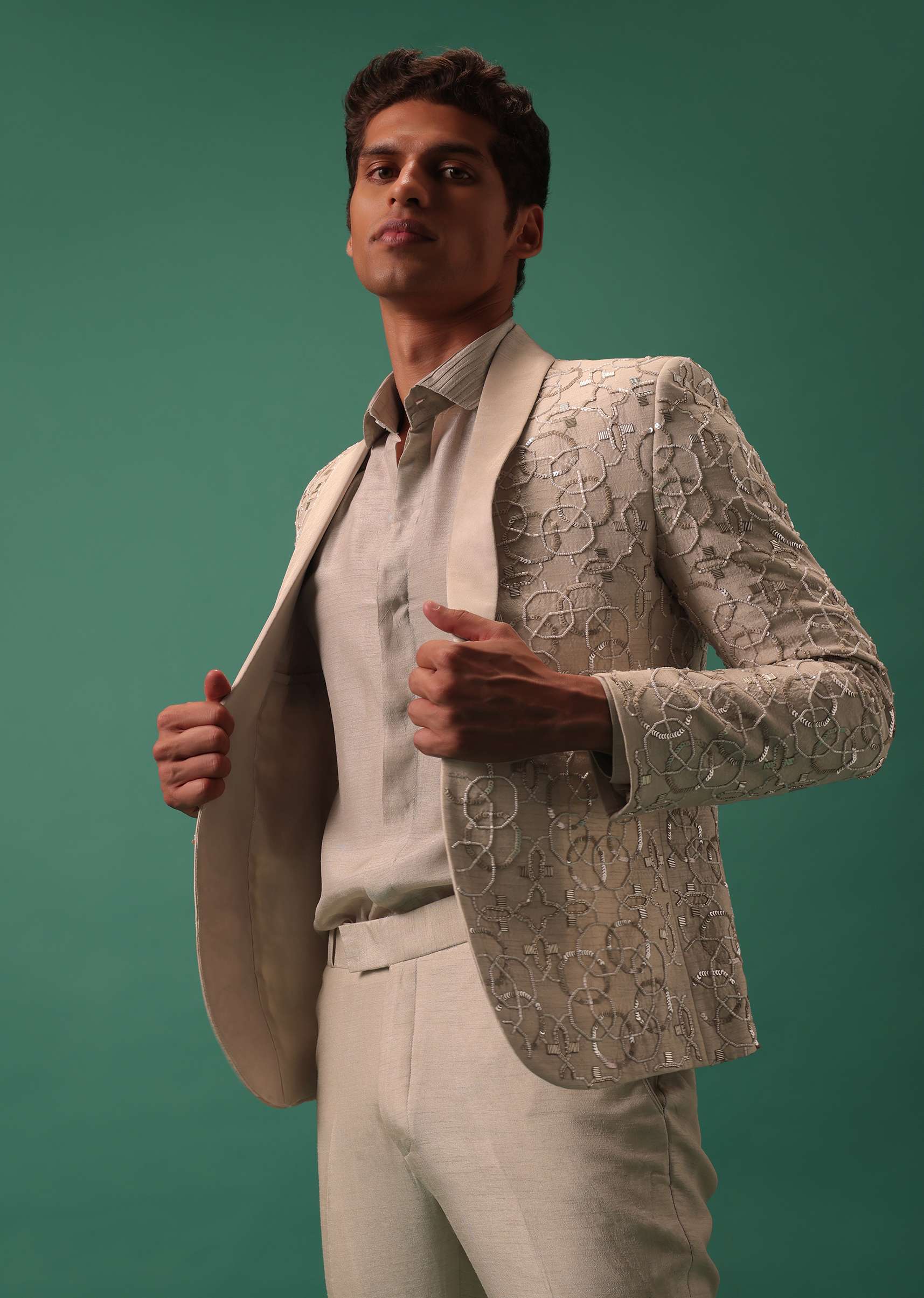 Off White Heavy Hand Embroidered Tuxedo Suit In Dola Silk - Image 4