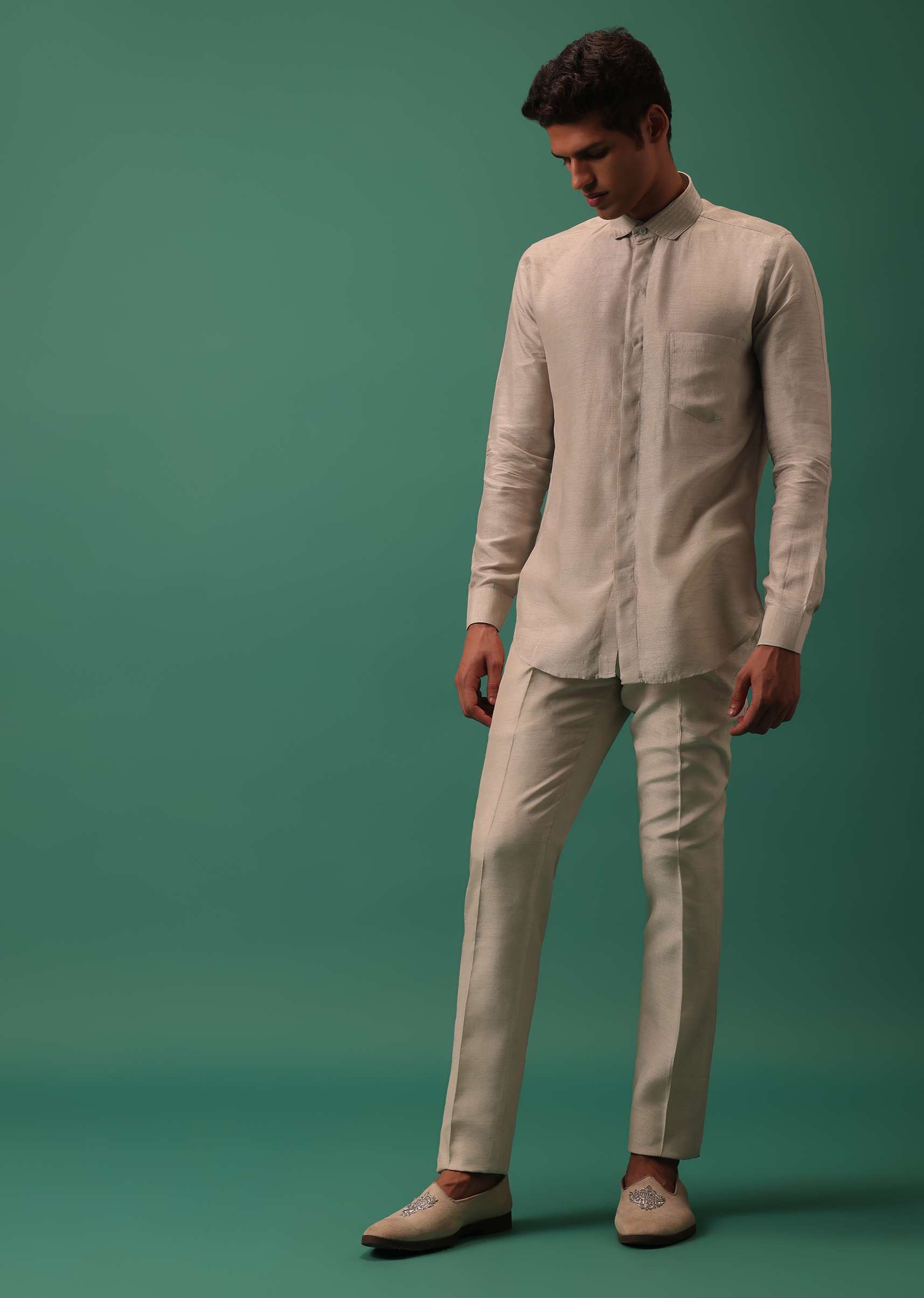 Off White Heavy Hand Embroidered Tuxedo Suit In Dola Silk - Image 6