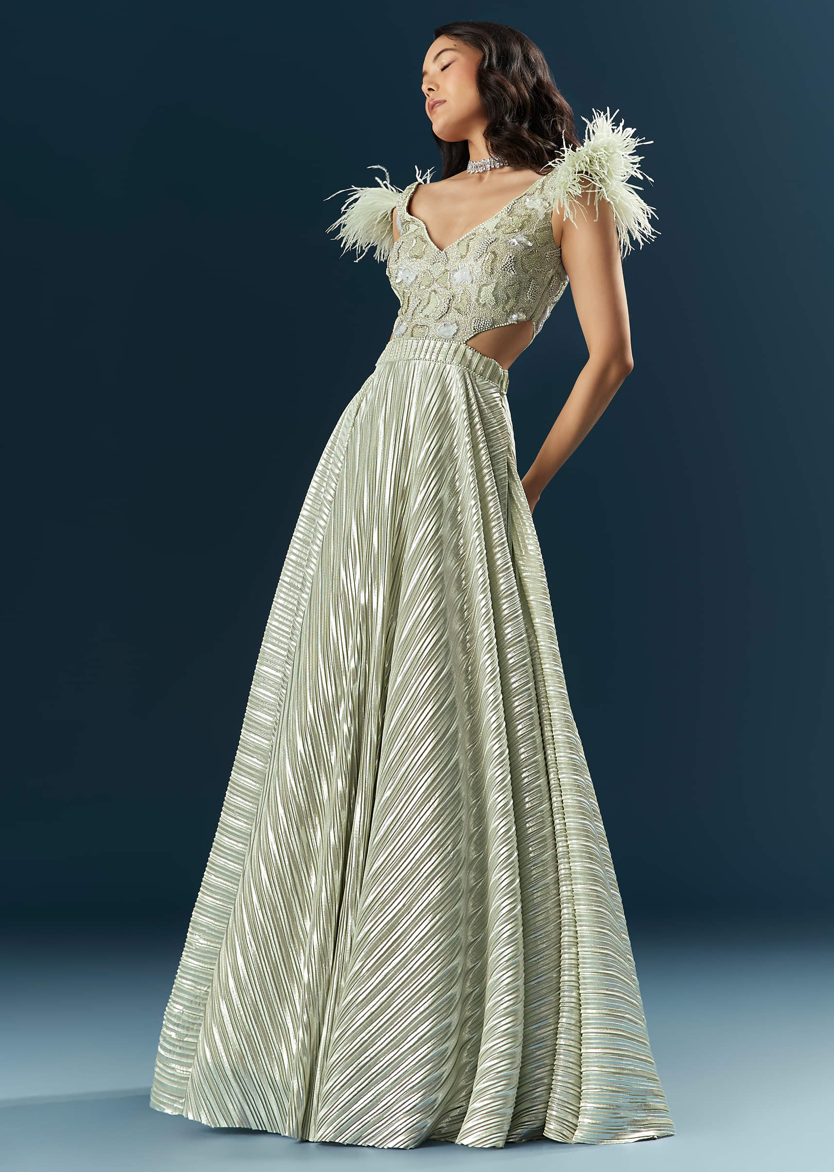 Off White Imported Lycra Bridal Gown With Heavy Embroidery And Feather Work - Image 4