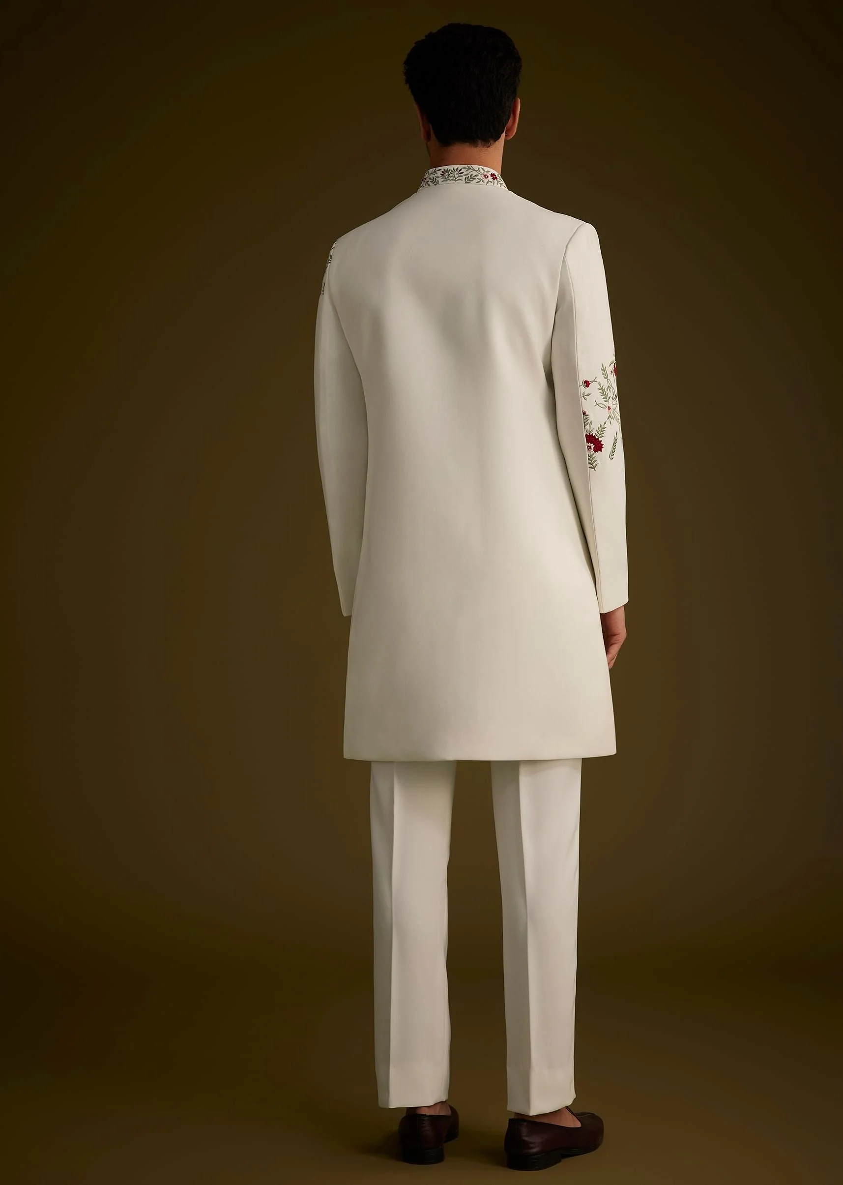 Off White Indowestern With Hand Embroidered Bird And Floral Pattern - Image 5