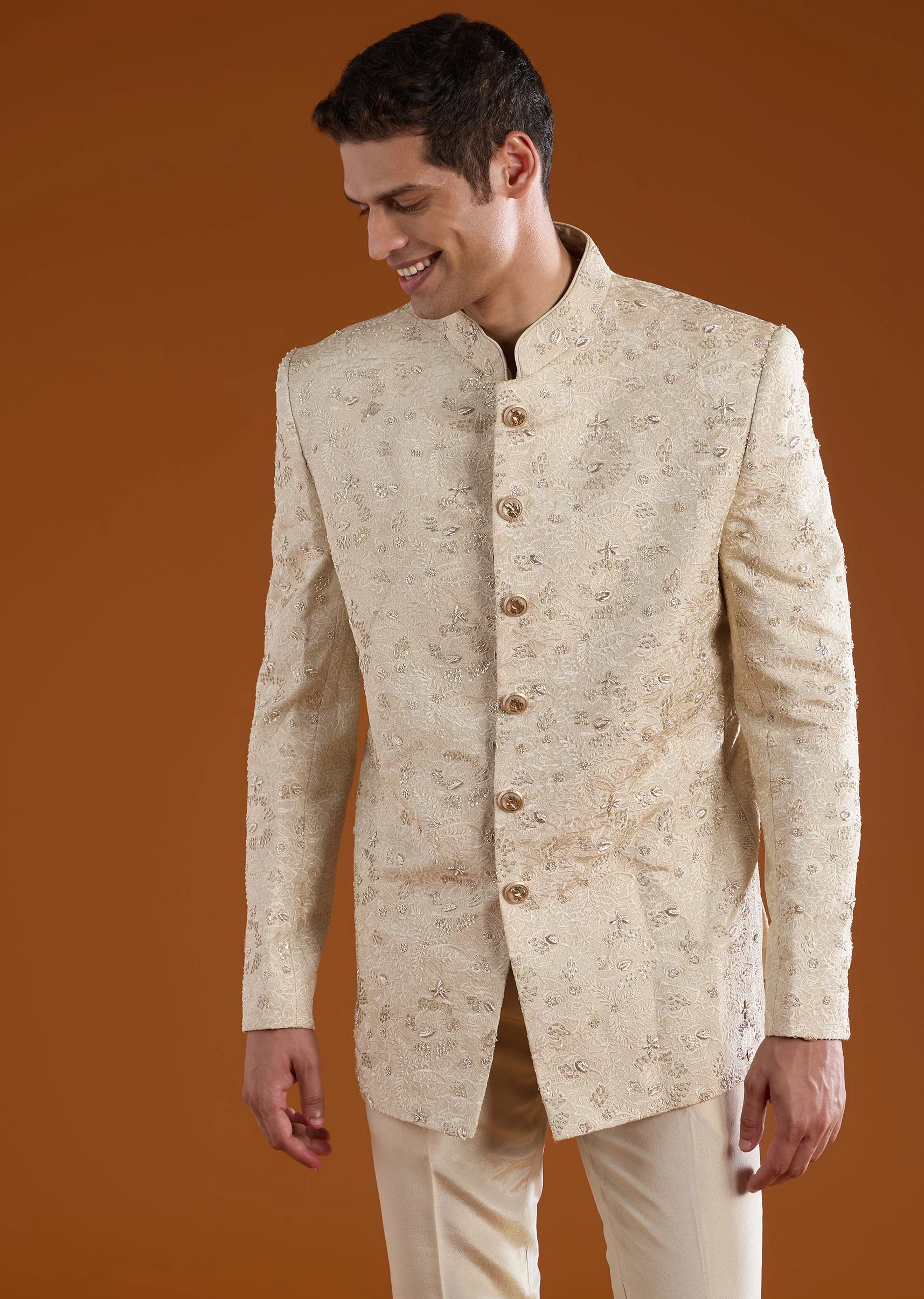 Off White Jacquard Silk Embroidered Jodhpuri Set - Image 3
