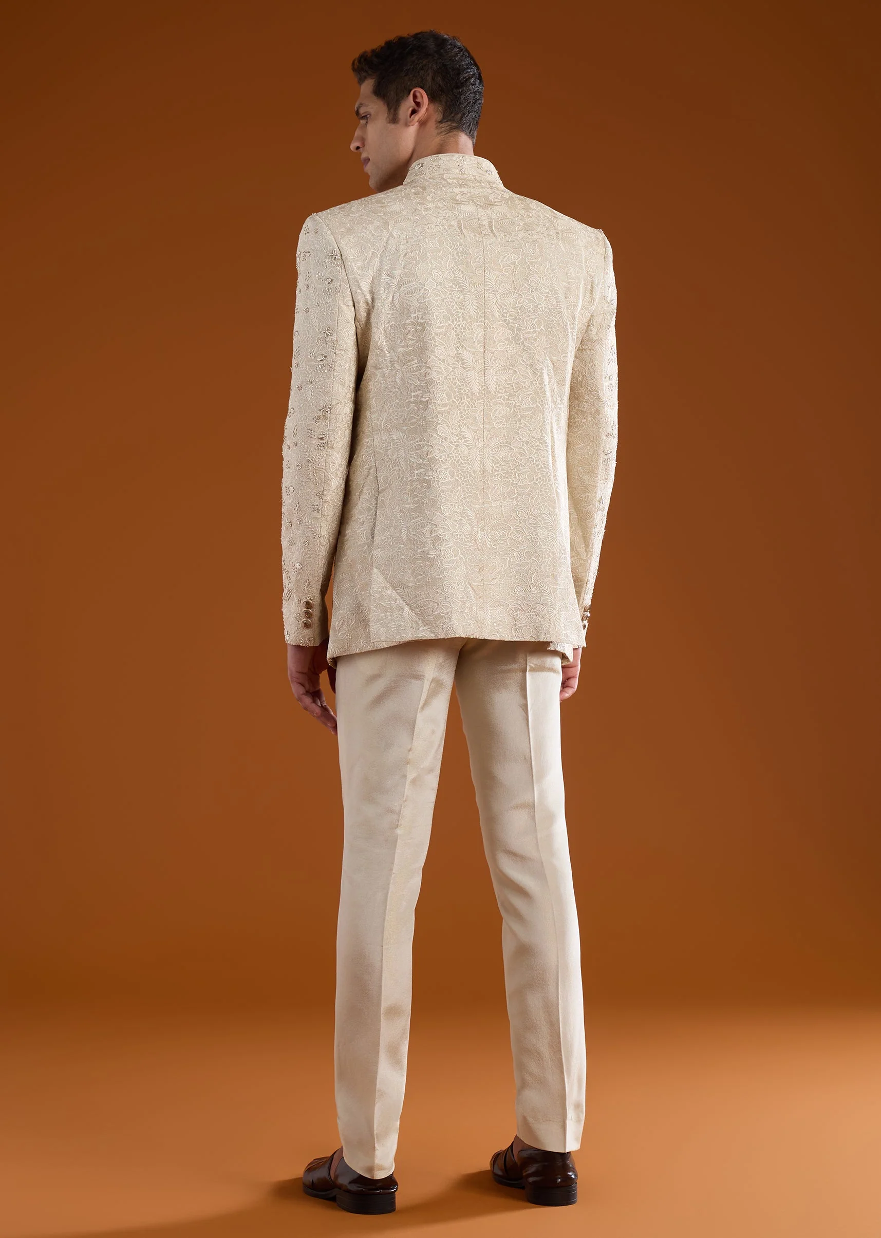 Off White Jacquard Silk Embroidered Jodhpuri Set - Image 5