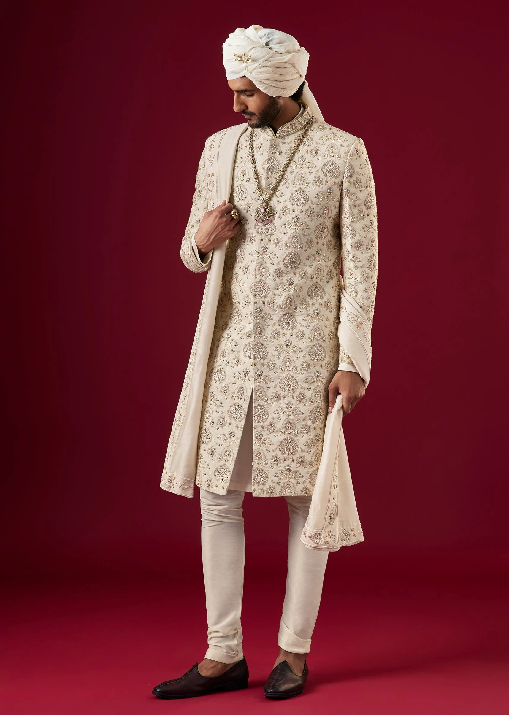 Off White Jacquard Silk Sherwani Set With Zardosi Work - Image 3