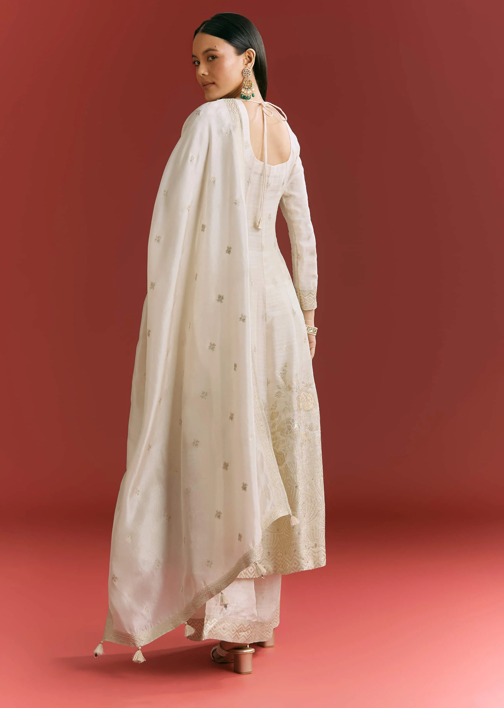 Off White Jaquard Silk Anarkali Suit With Dupatta - Image 5