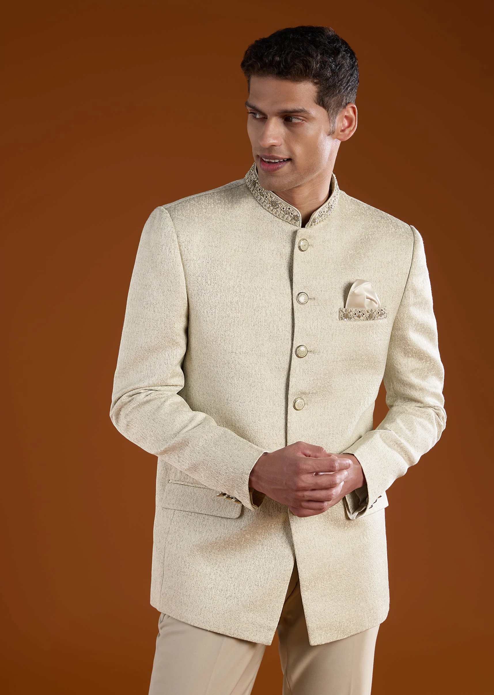 Off White Jodhpuri and Pant Set in Viscose - Image 4