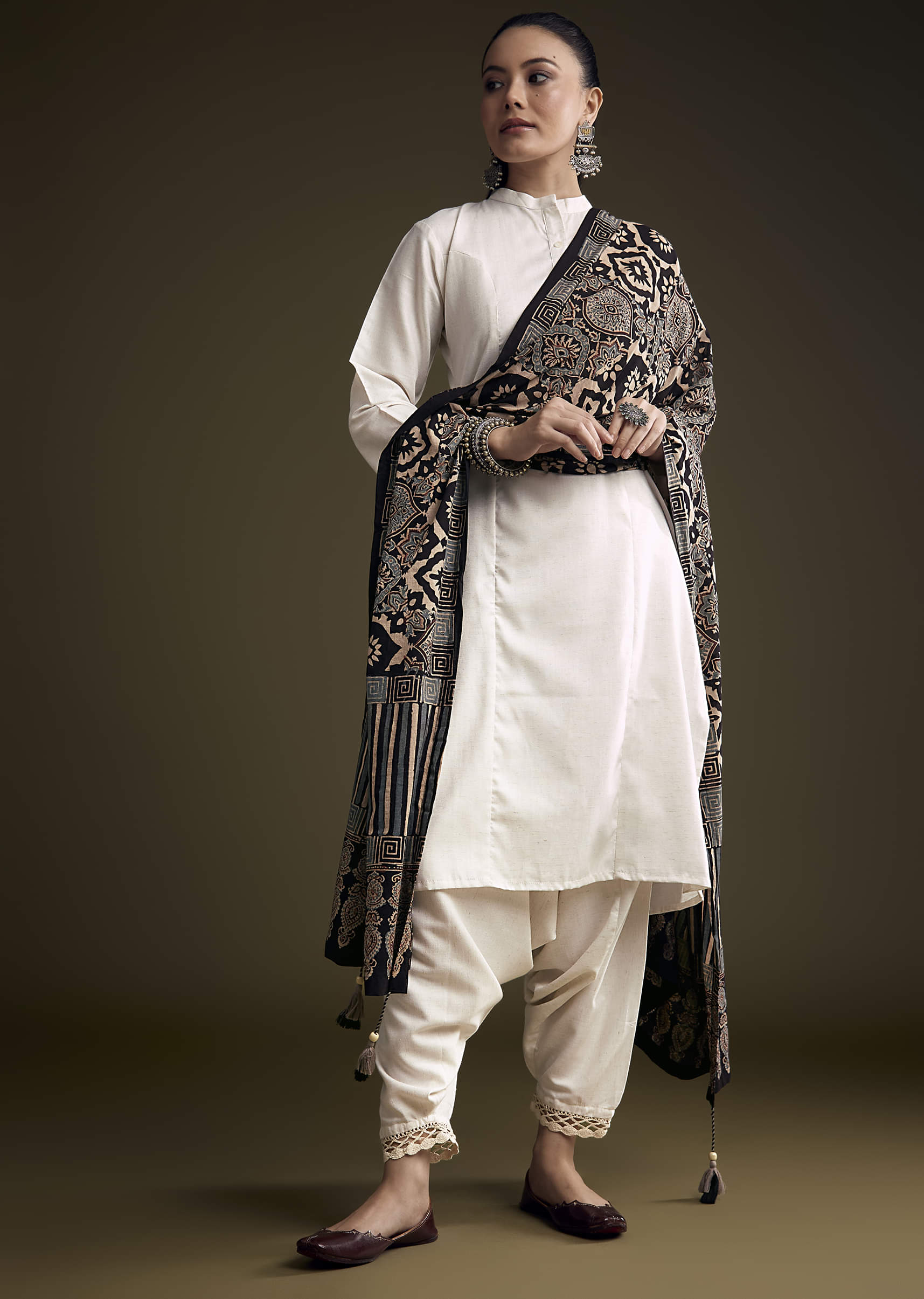 Off White Khadi Dhoti Suit With Black Hand Dyed Ajrakh Dupatta - Image 3