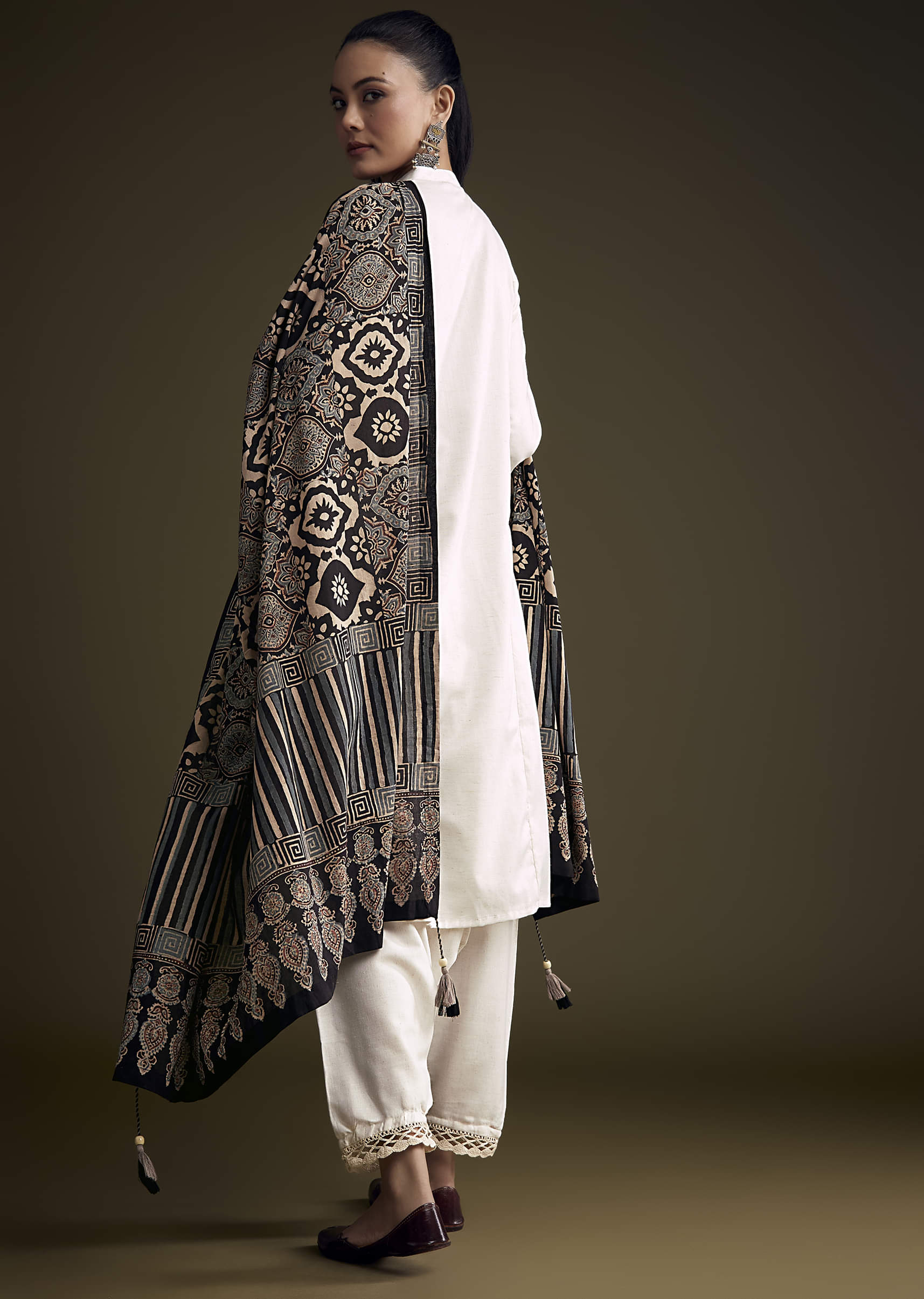 Off White Khadi Dhoti Suit With Black Hand Dyed Ajrakh Dupatta - Image 5