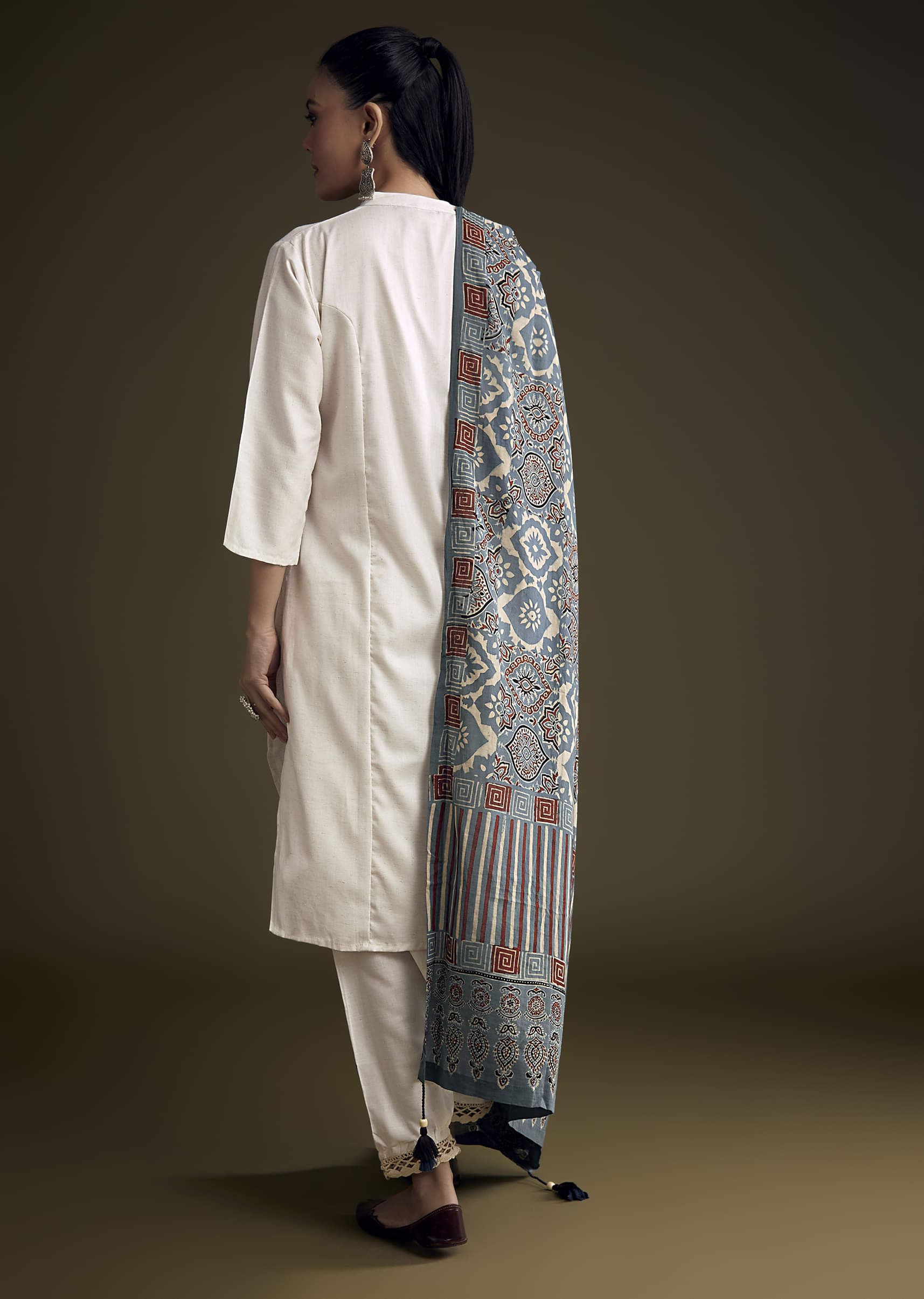 Off White Khadi Dhoti Suit With Blue Hand Dyed Ajrakh Dupatta - Image 5