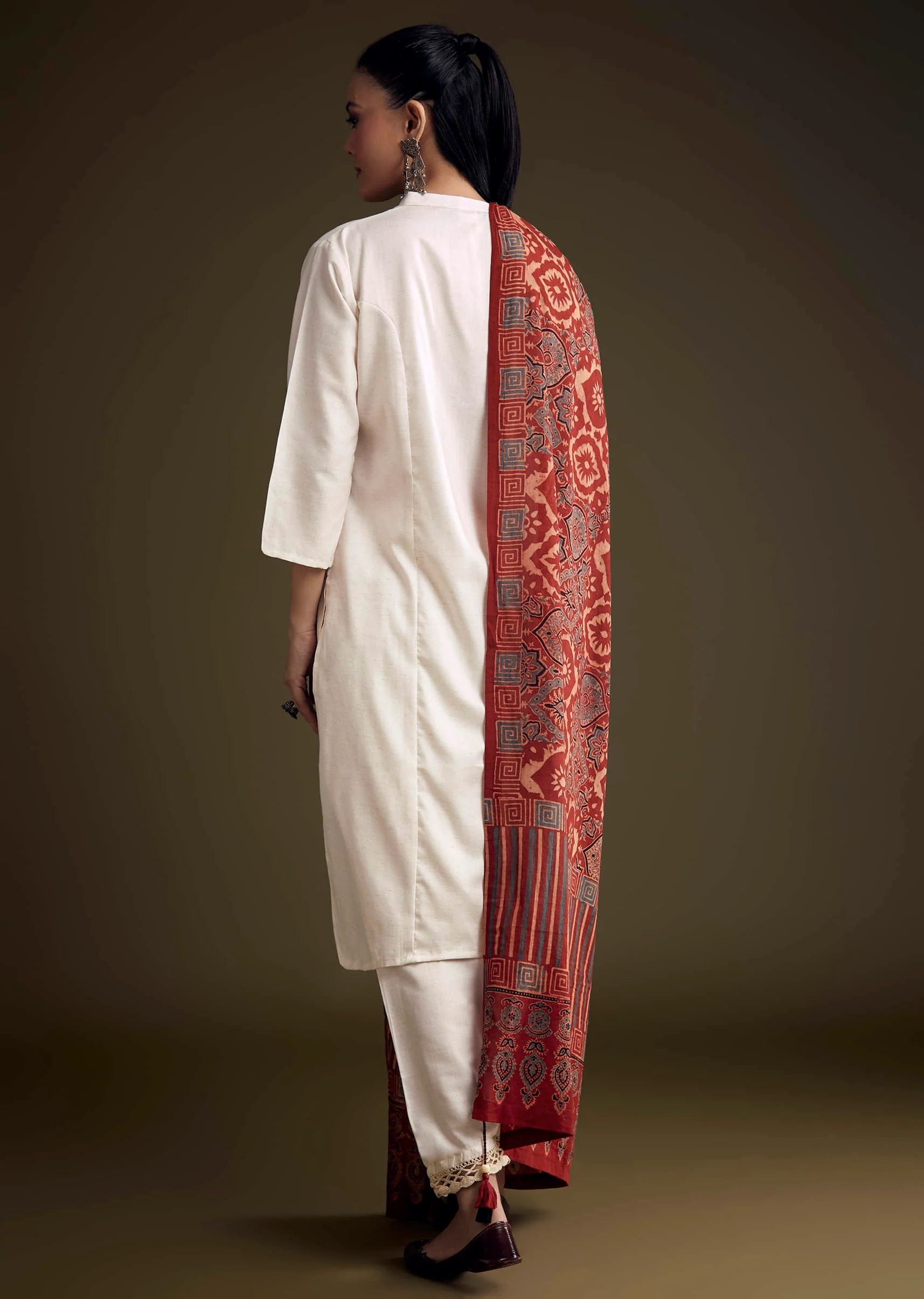 Off White Khadi Dhoti Suit With Red Hand Dyed Ajrakh Dupatta - Image 5
