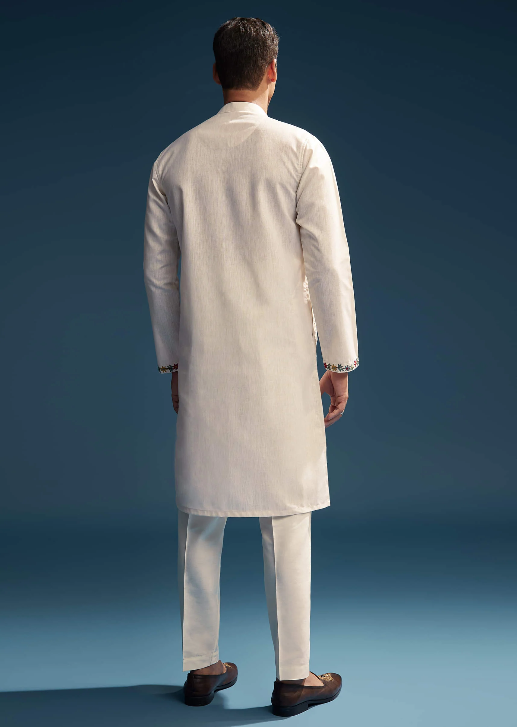 Off White Linen Kurta Set For Men With Resham Aari Work - Image 5