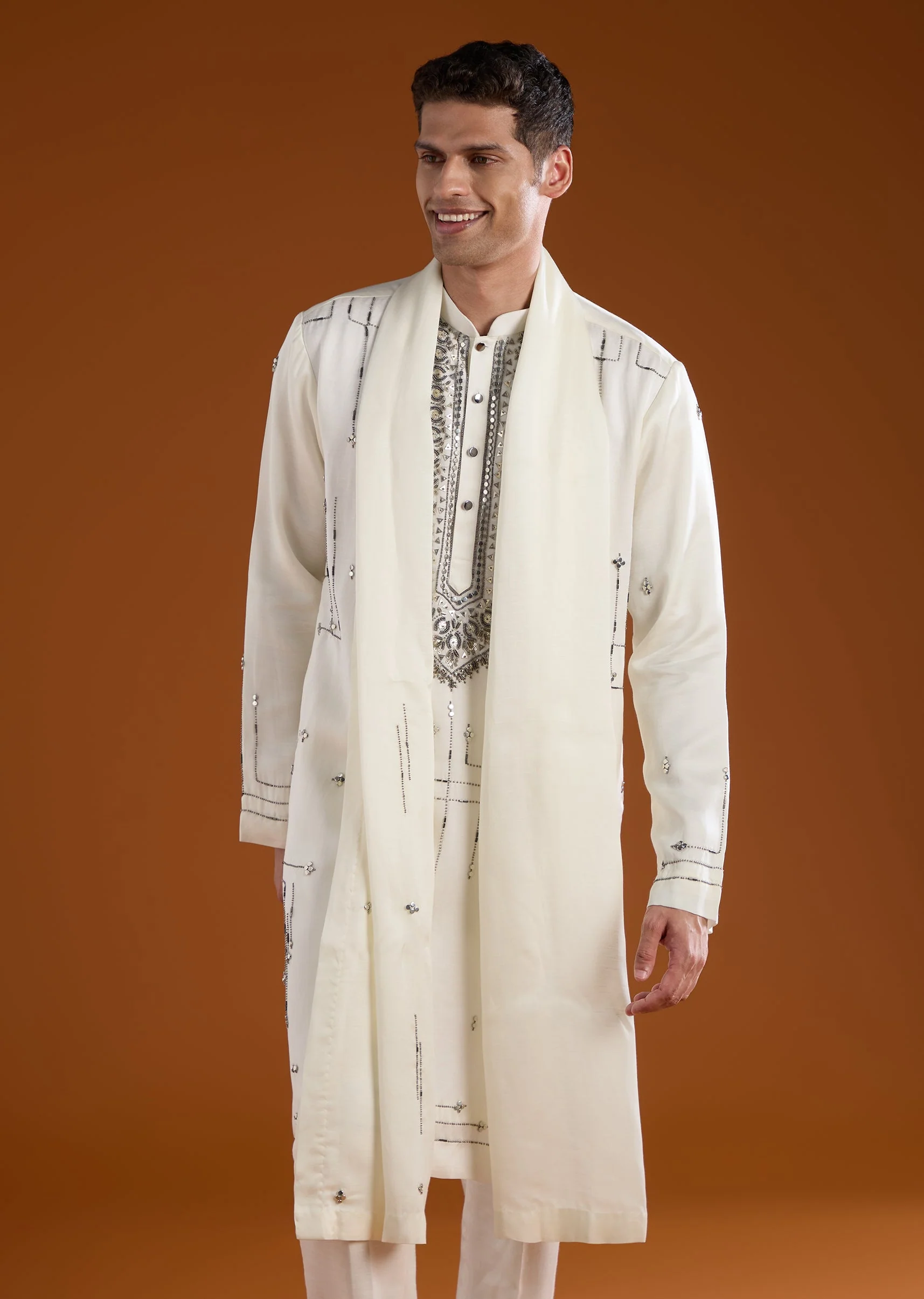 Off White Linen Mens Kurta Set with Dupatta - Image 2