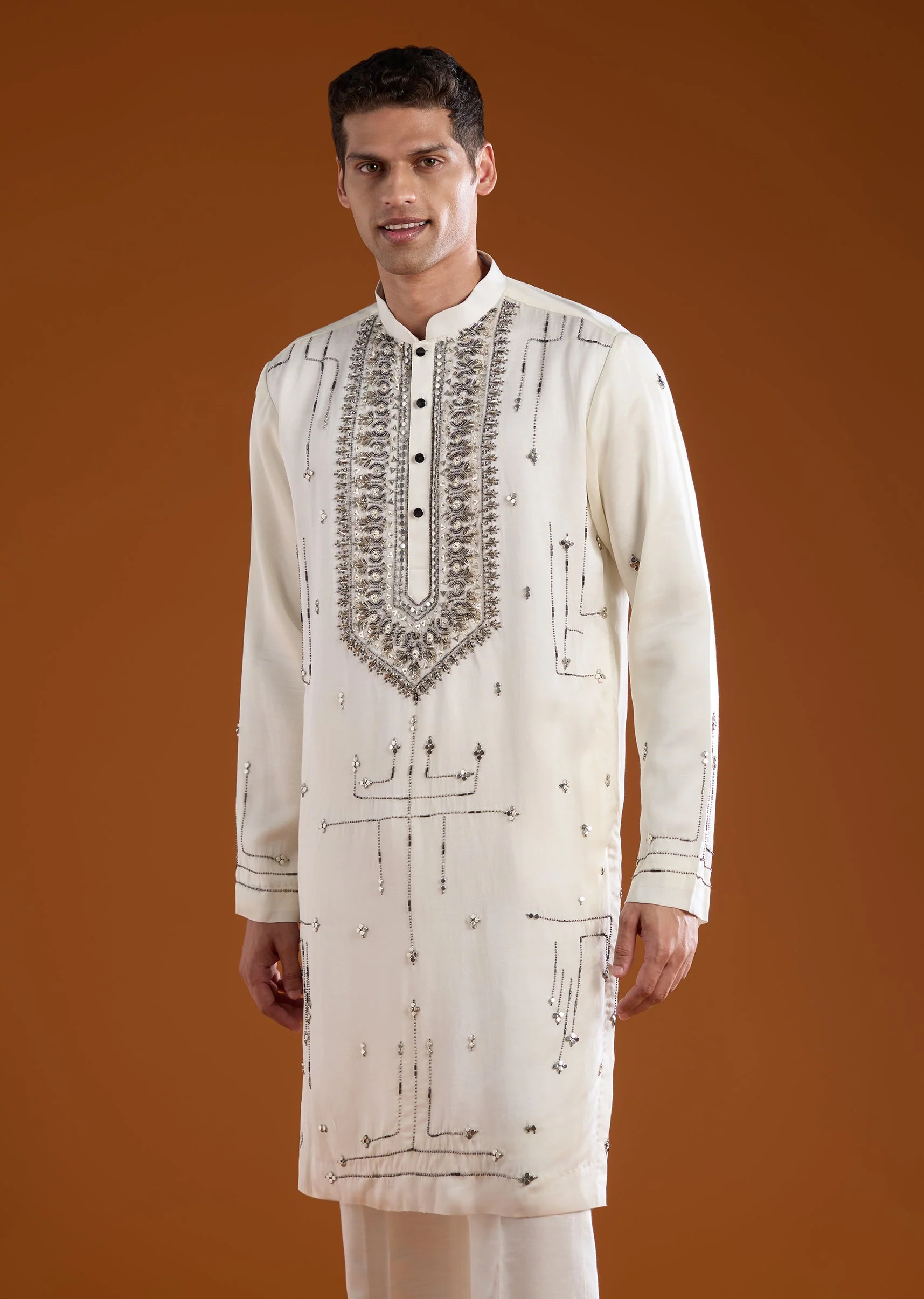 Off White Linen Mens Kurta Set with Dupatta - Image 6