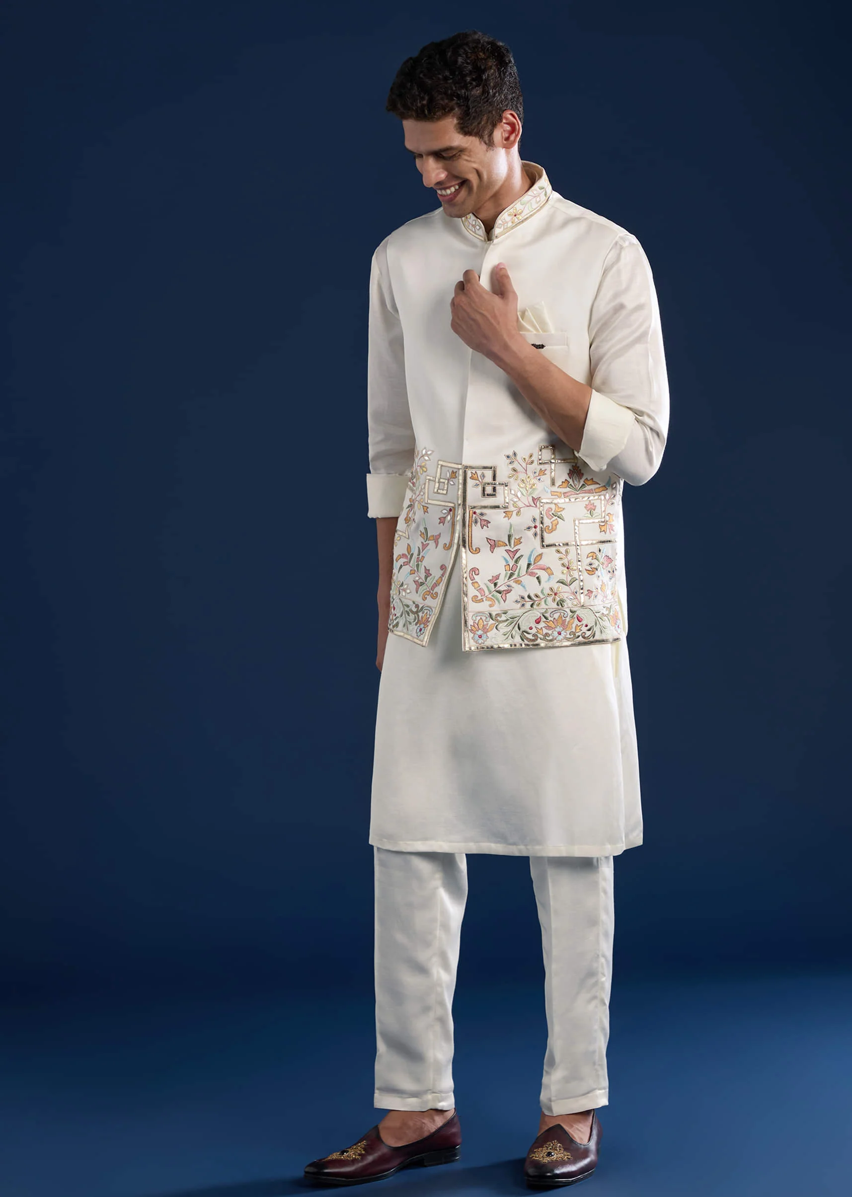 Off White Linen Satin Silk Jacket Kurta Set with Gotta Work - Image 3