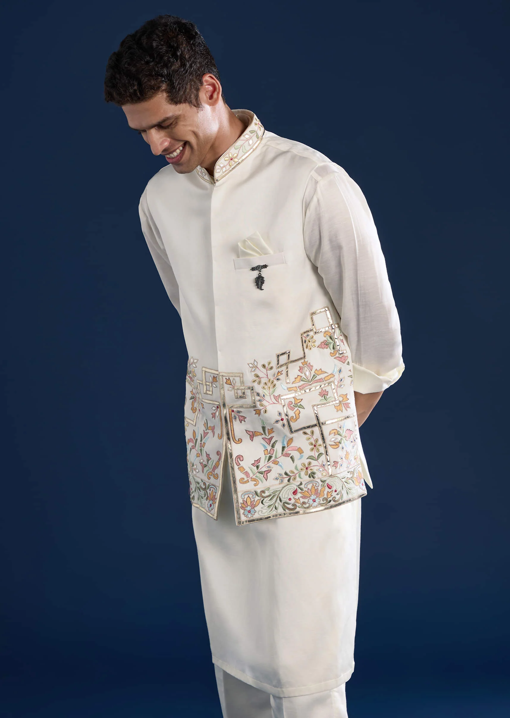 Off White Linen Satin Silk Jacket Kurta Set with Gotta Work - Image 4
