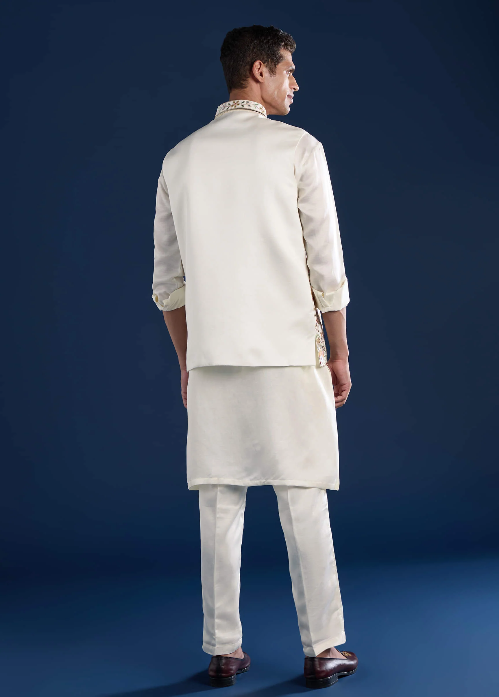 Off White Linen Satin Silk Jacket Kurta Set with Gotta Work - Image 5