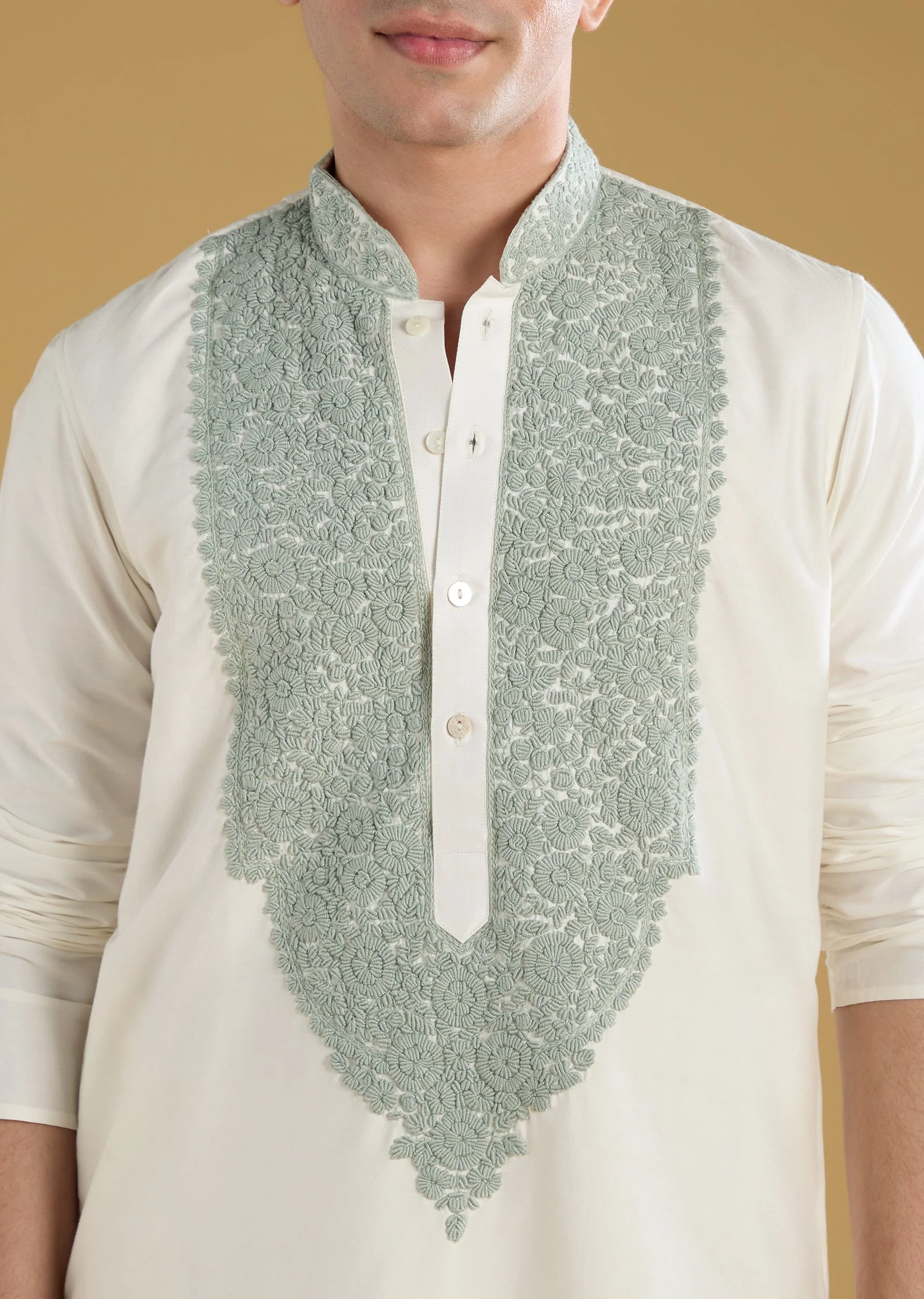 Off White Mens Kurta Set With Thread Work - Image 2