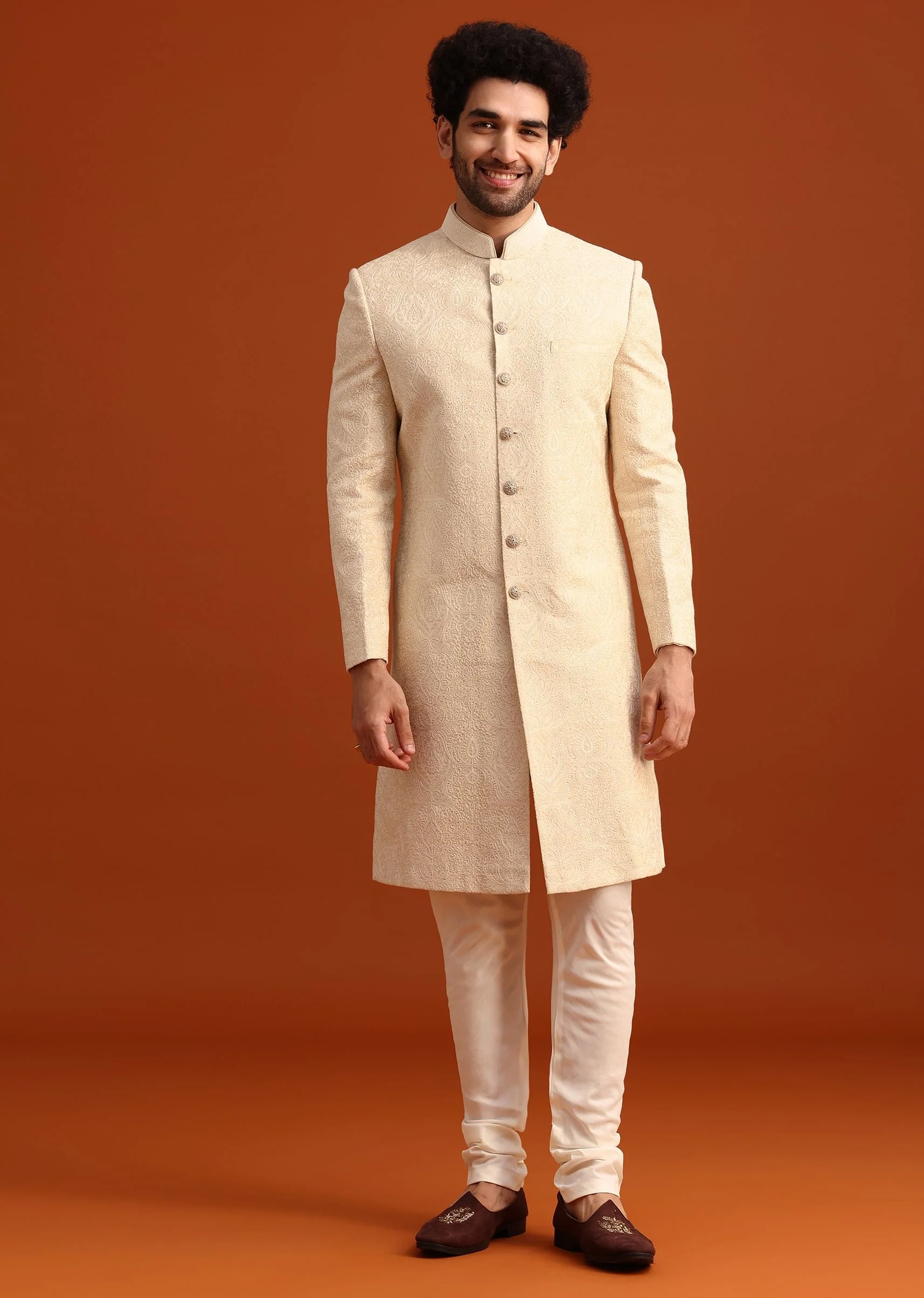 Off White Moonga Silk Embroidered Sherwani Set - Image 2