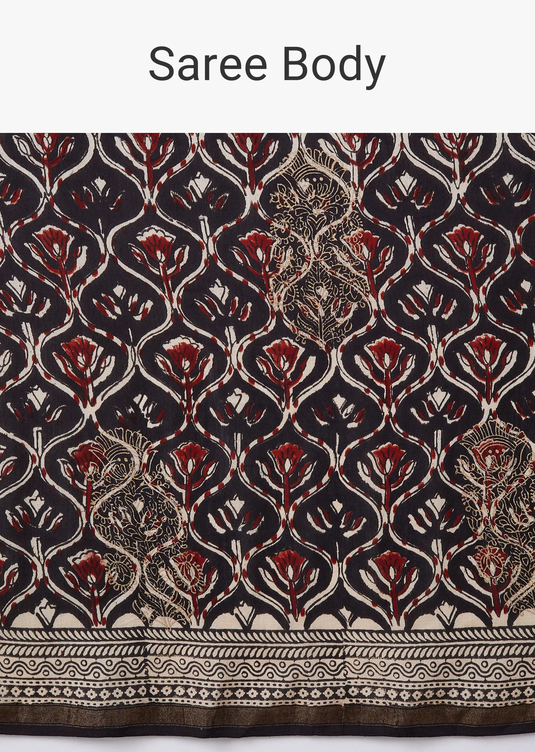 Off White Motif Printed Saree with Unstitched Blouse - Image 9
