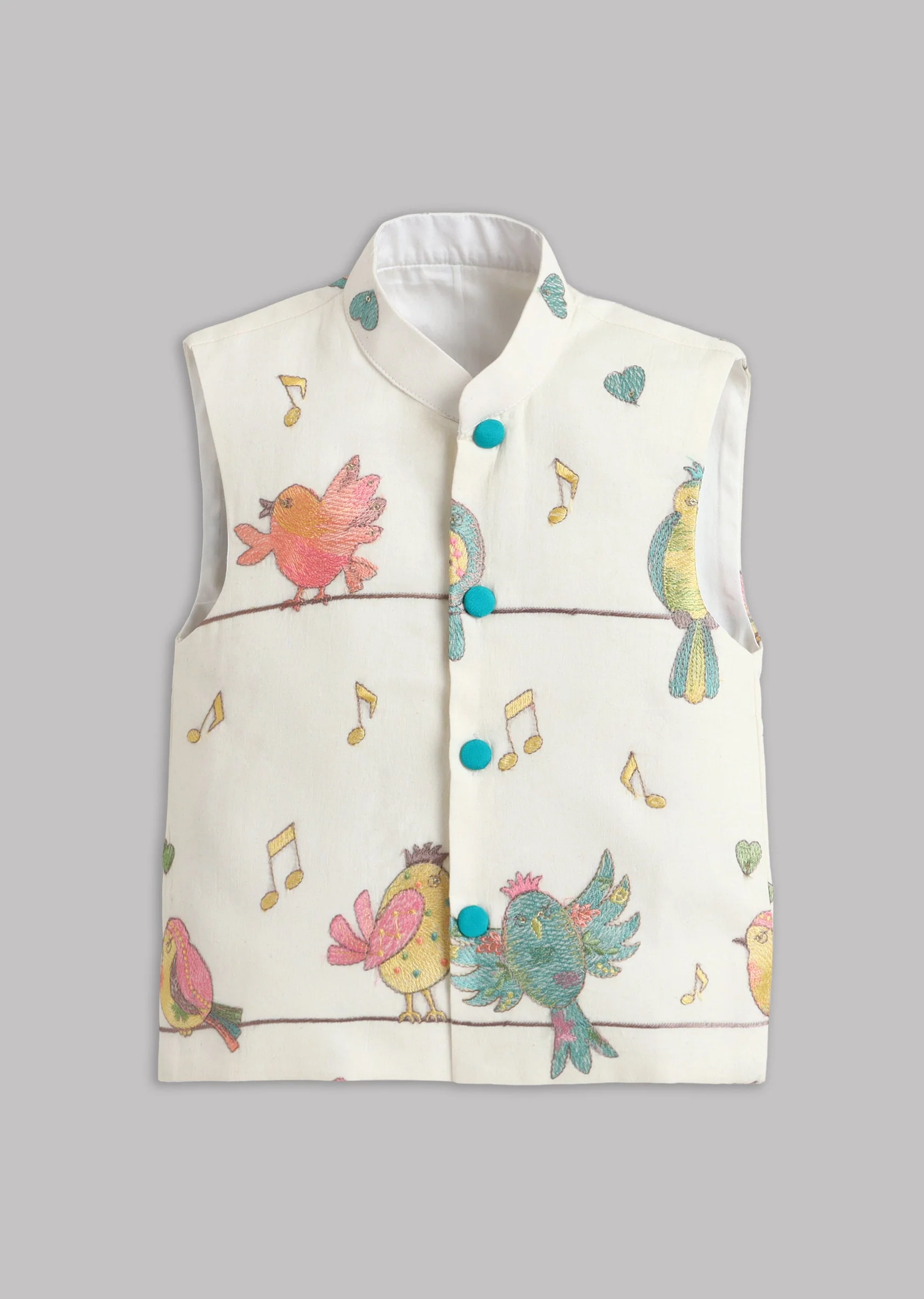 Off White Nehru Jacket Set With Bird Embroidery - Image 5