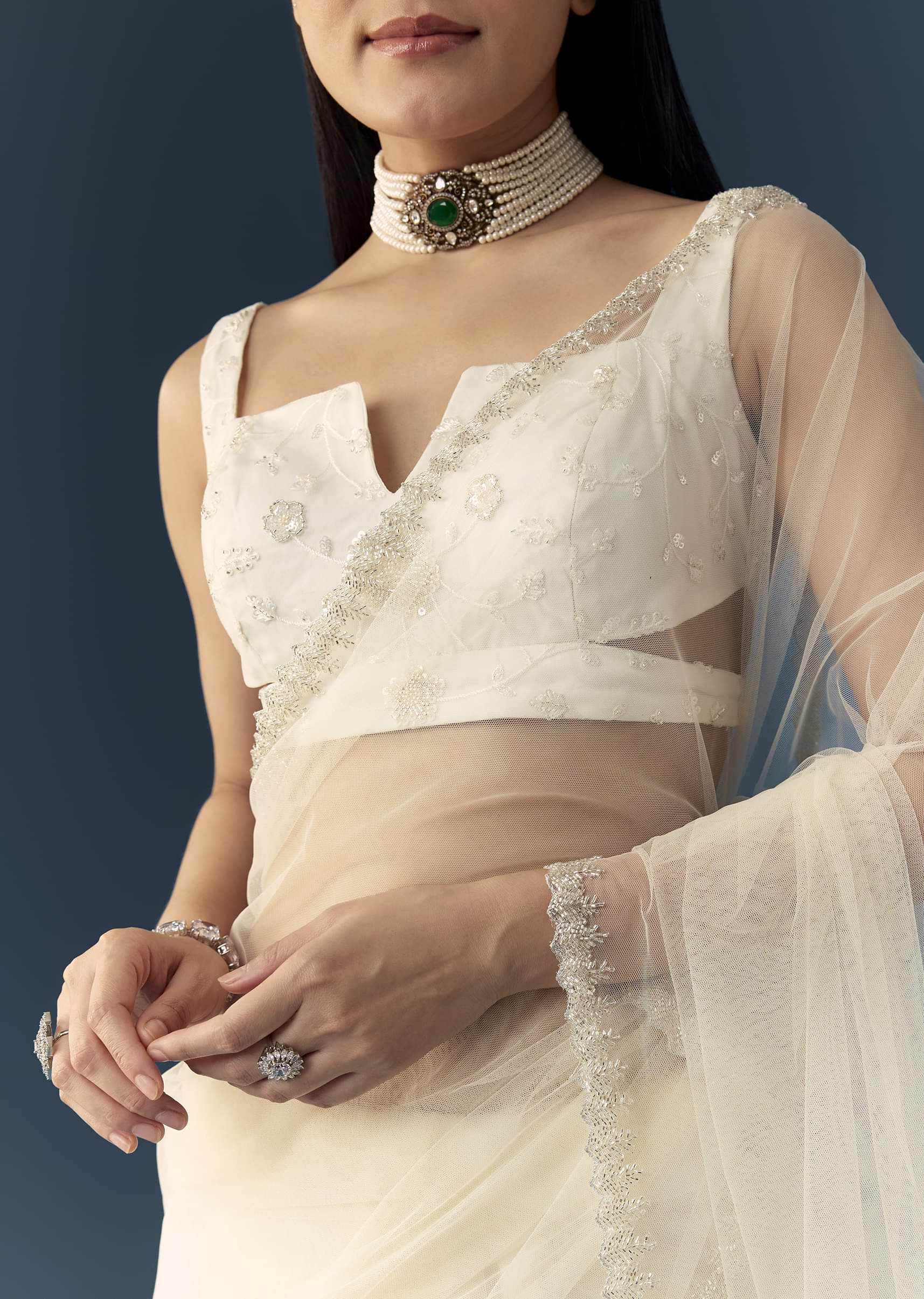 Off White Net Cutwork Border Saree with Unstitched Blouse - Image 2