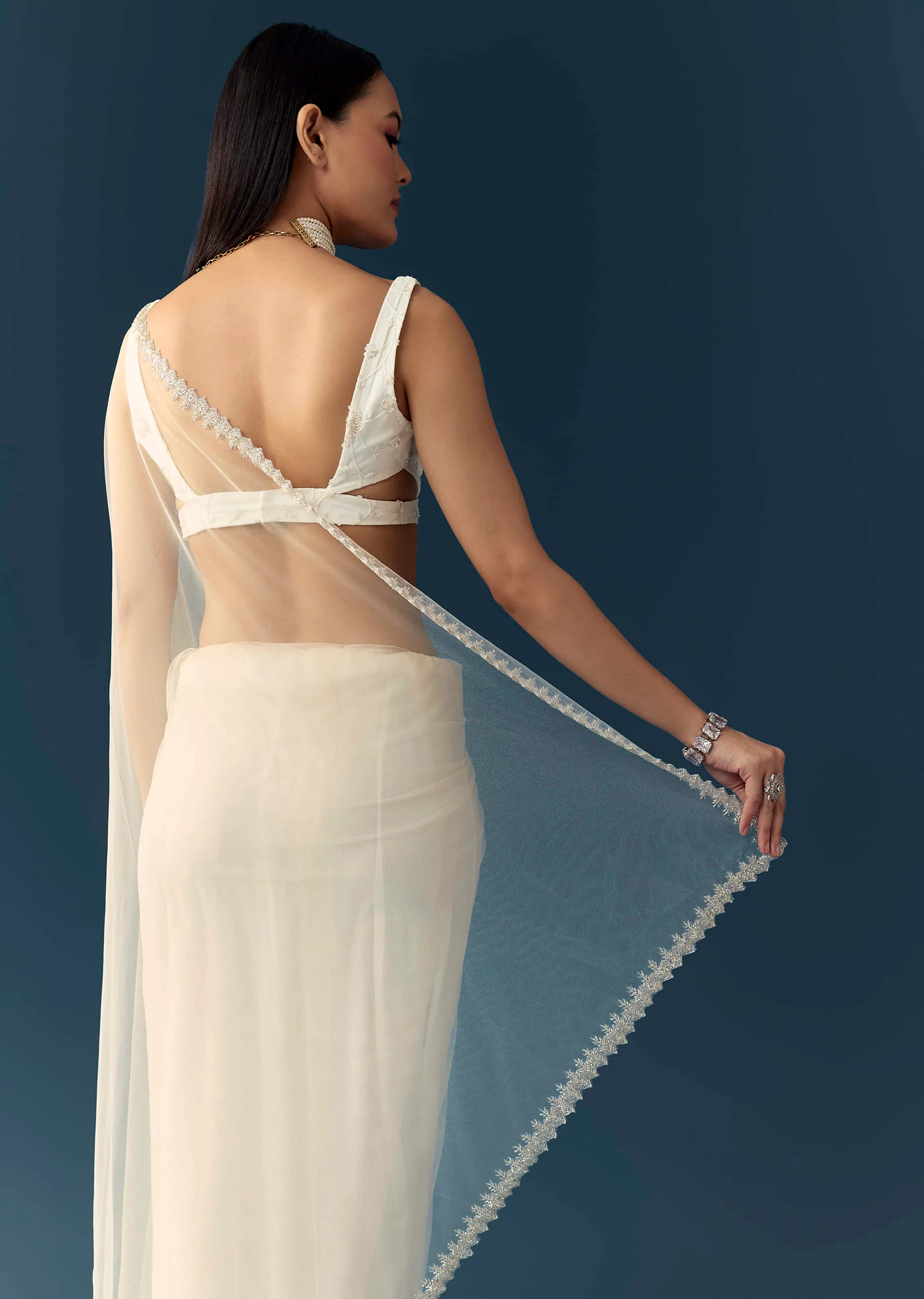 Off White Net Cutwork Border Saree with Unstitched Blouse - Image 6