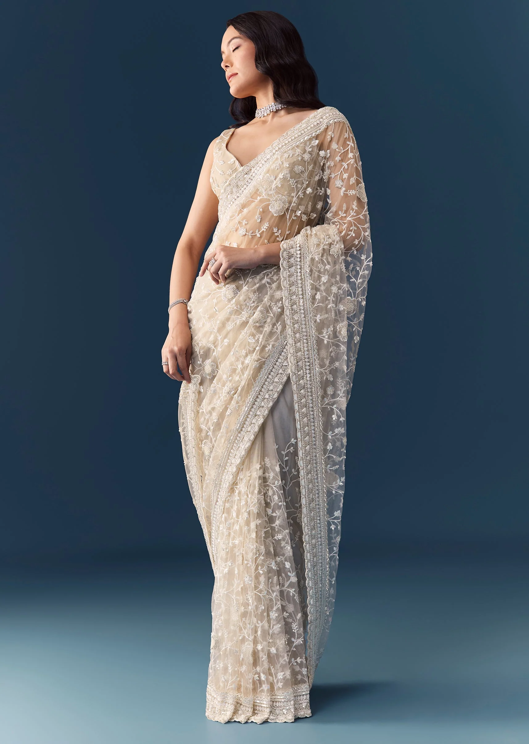 Off White Net Jaal Embellished Saree with Unstitched Blouse - Image 7