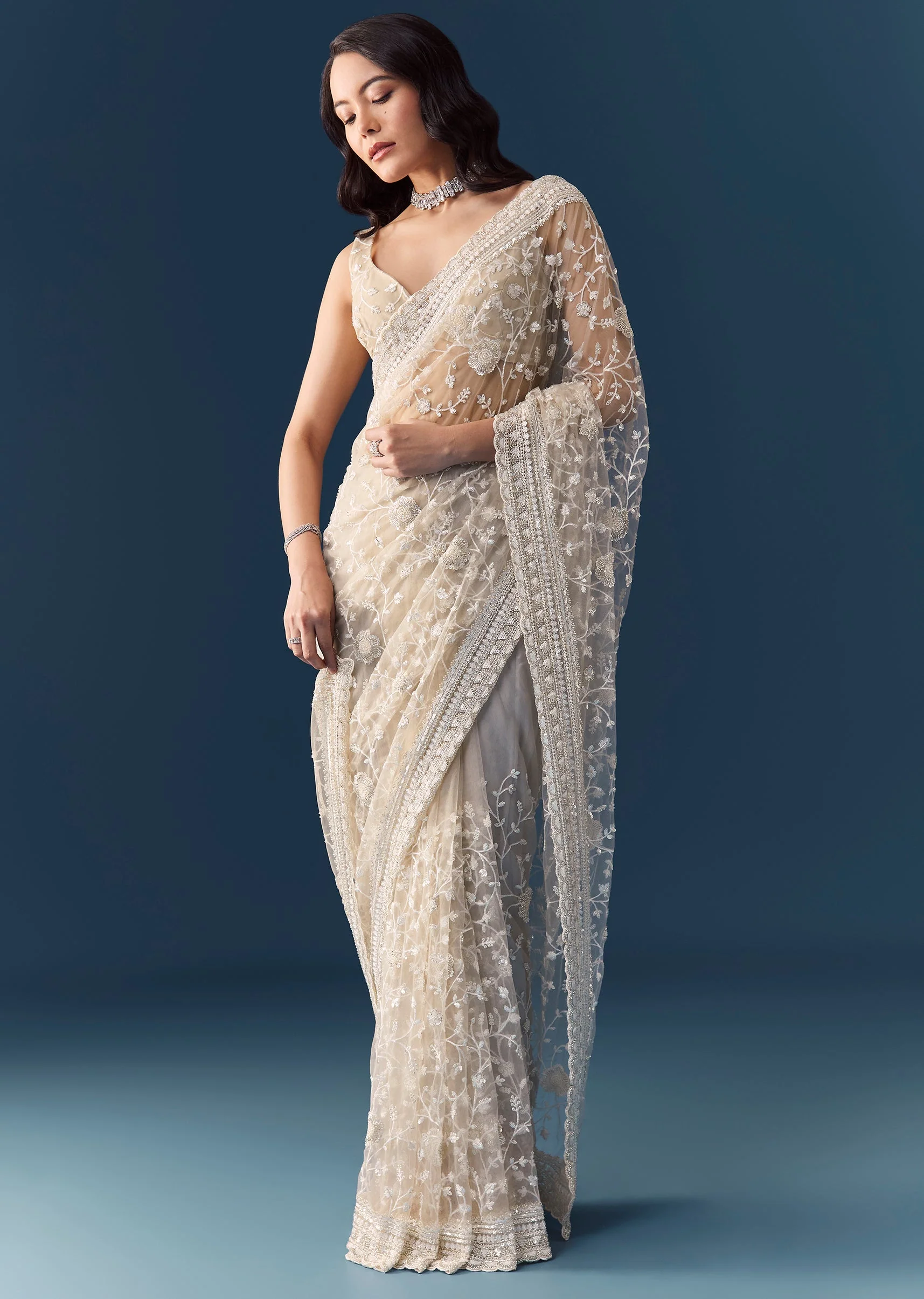 Off White Net Jaal Embellished Saree with Unstitched Blouse - Image 9