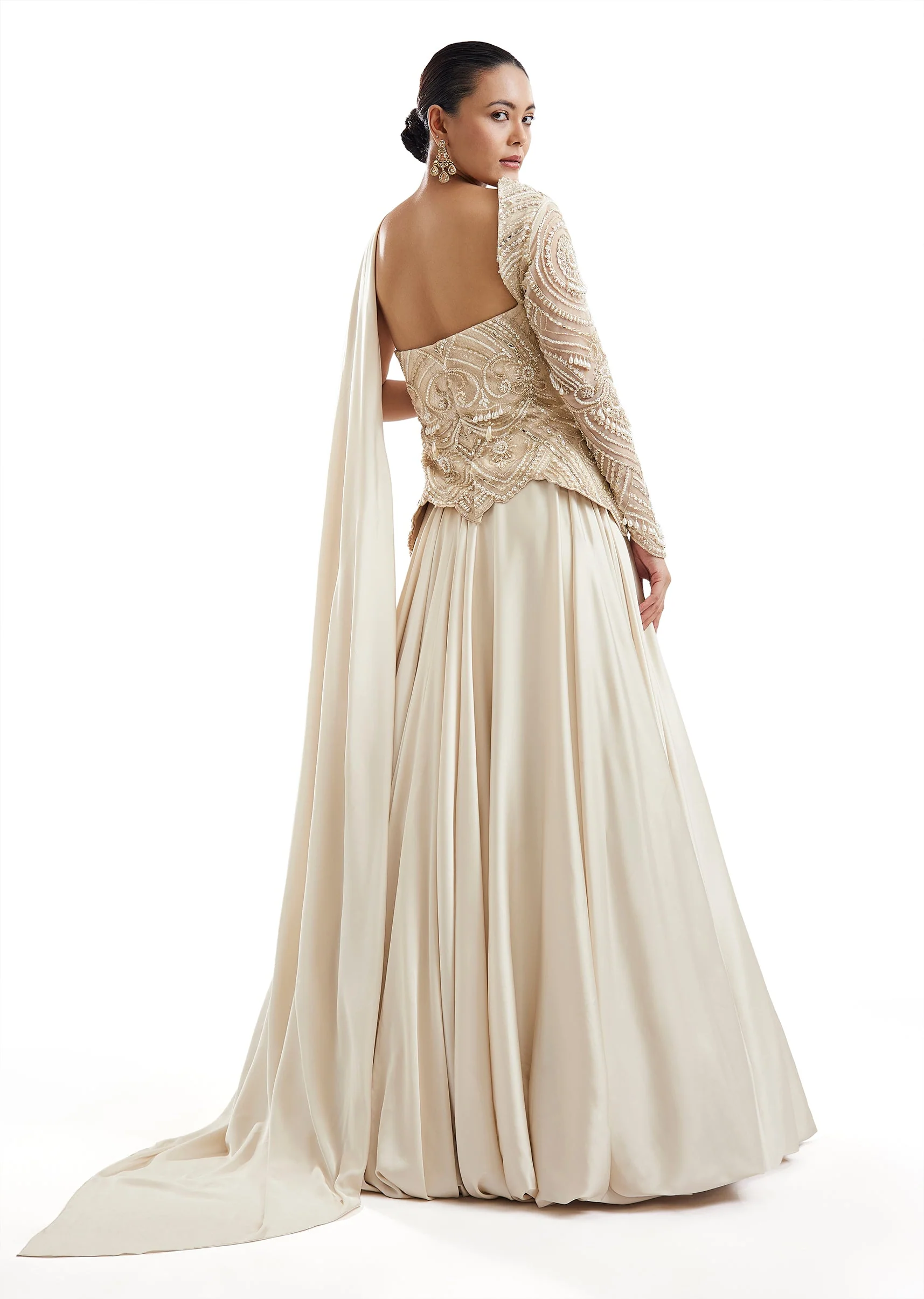 Off-White One-Shoulder Lehenga With Attached Pallu - Image 2