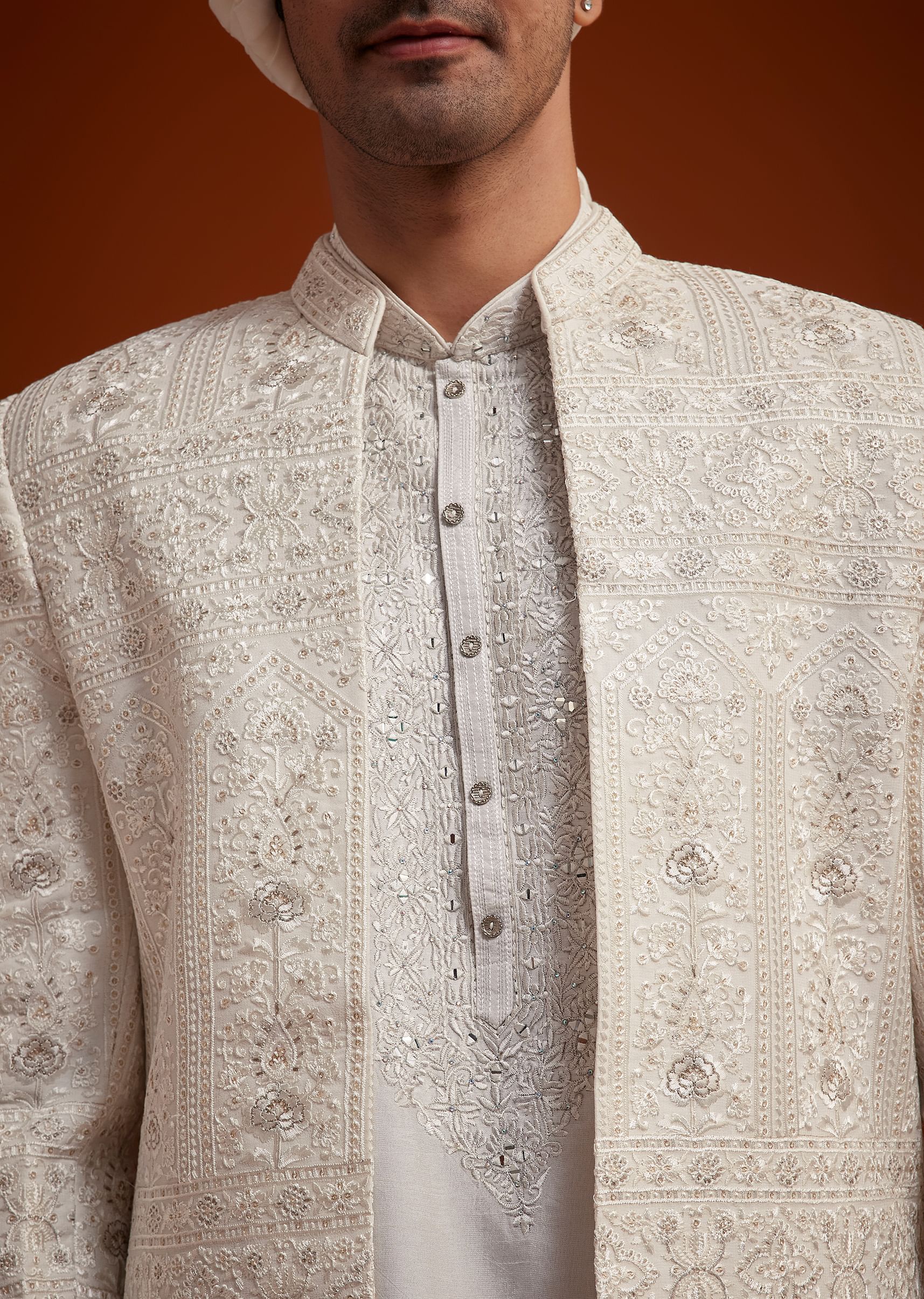 Off White Open Jacket Sherwani Set With Resham Work - Image 2