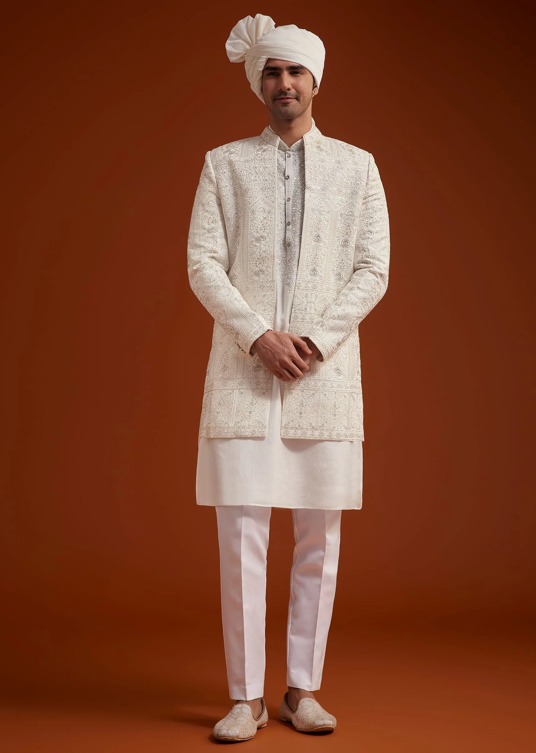 Off White Open Jacket Sherwani Set With Resham Work - Image 3