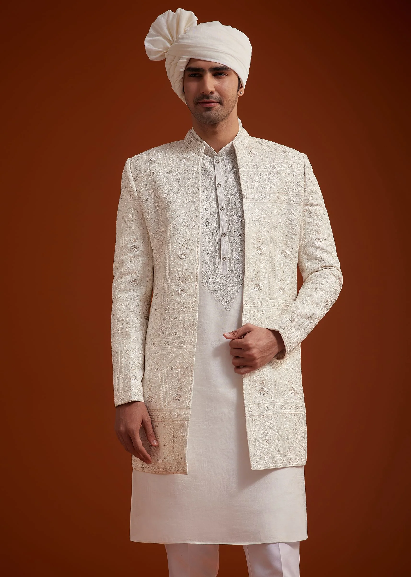 Off White Open Jacket Sherwani Set With Resham Work - Image 4