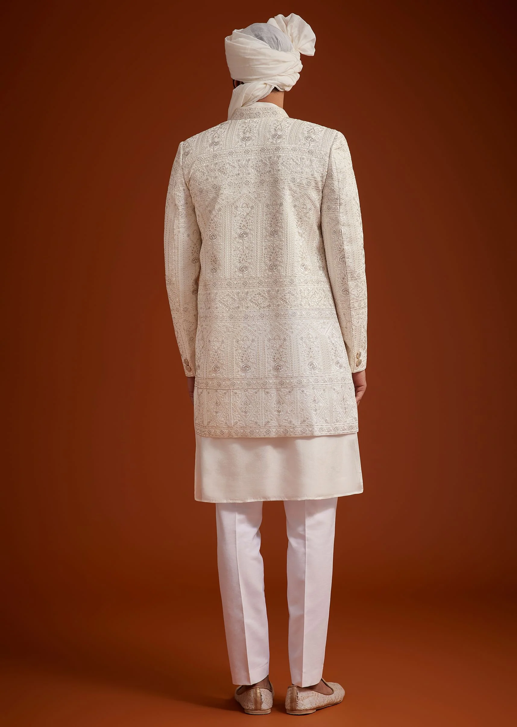 Off White Open Jacket Sherwani Set With Resham Work - Image 5