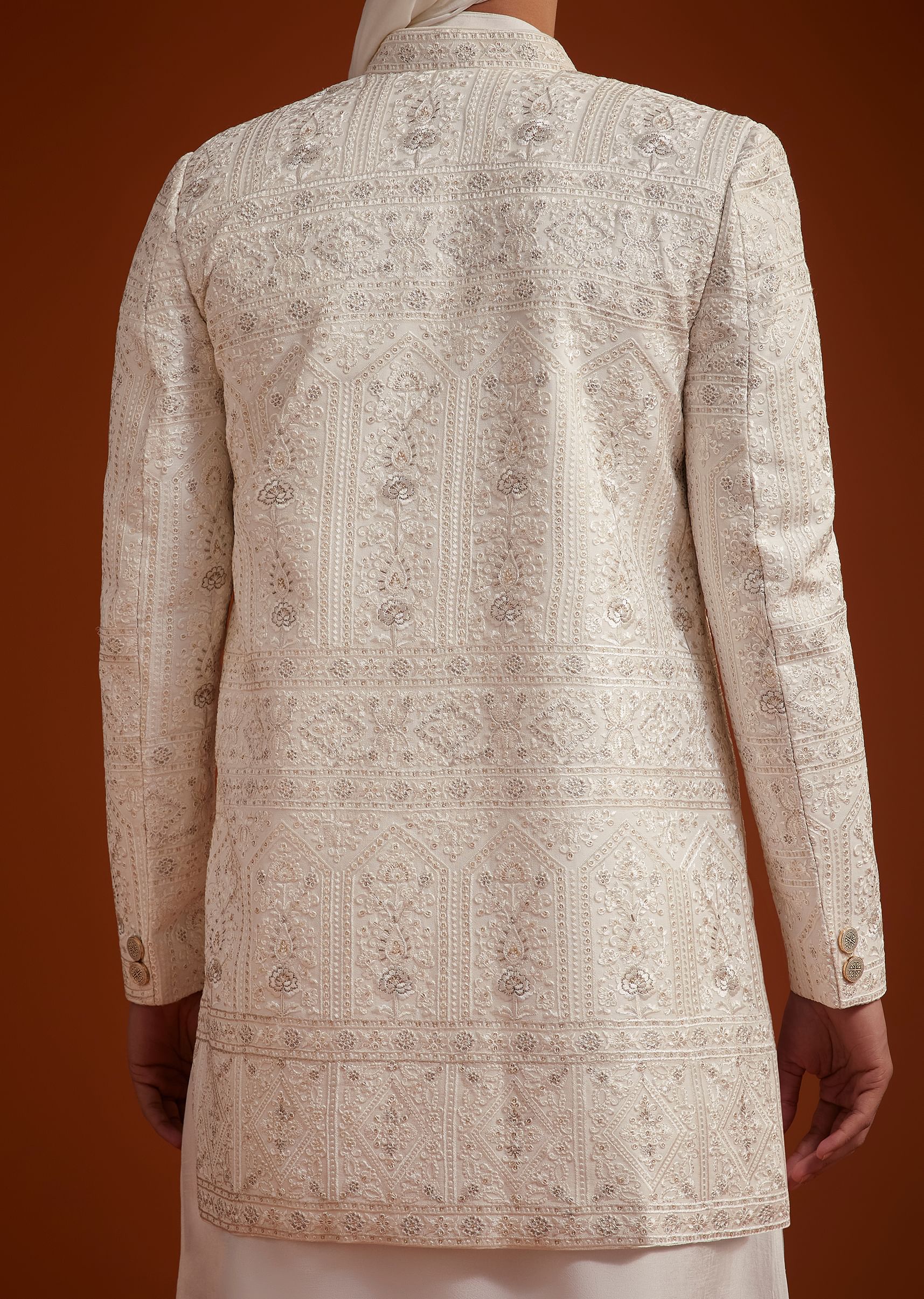 Off White Open Jacket Sherwani Set With Resham Work - Image 6