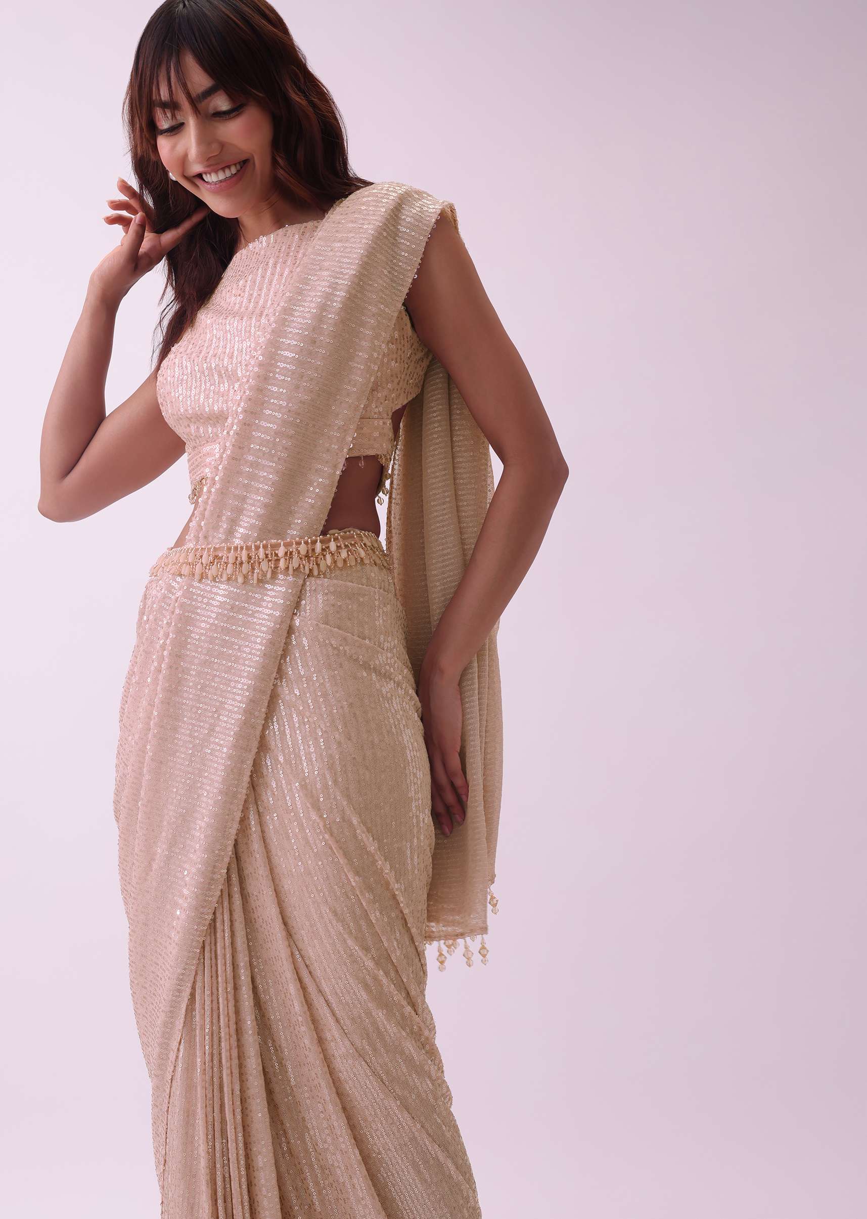 Off-White Saree And Stitched Blouse With Hanging Crystals - Image 2