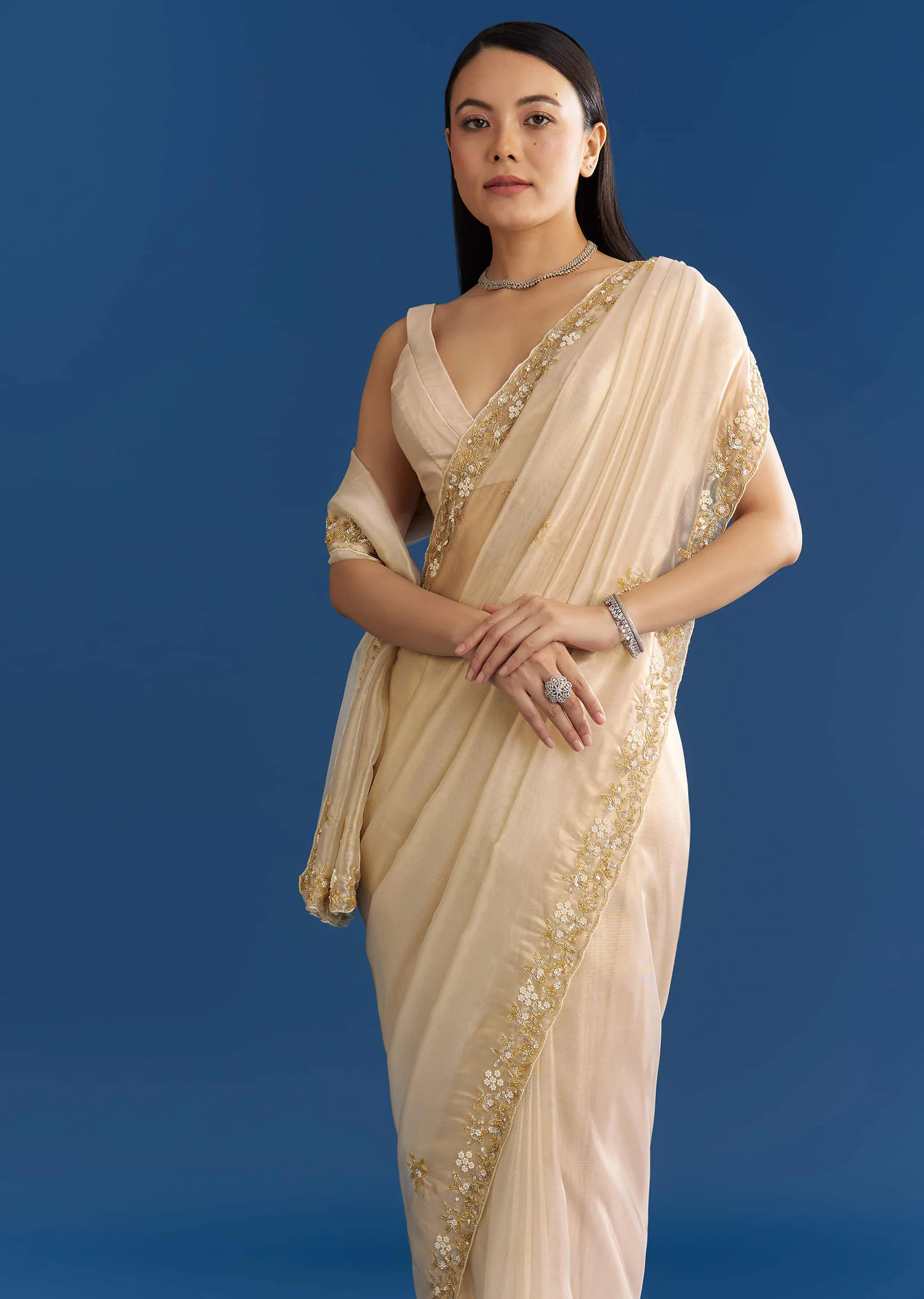 Off White Organza Tissue Saree With Beaded Scallop Border - Image 2