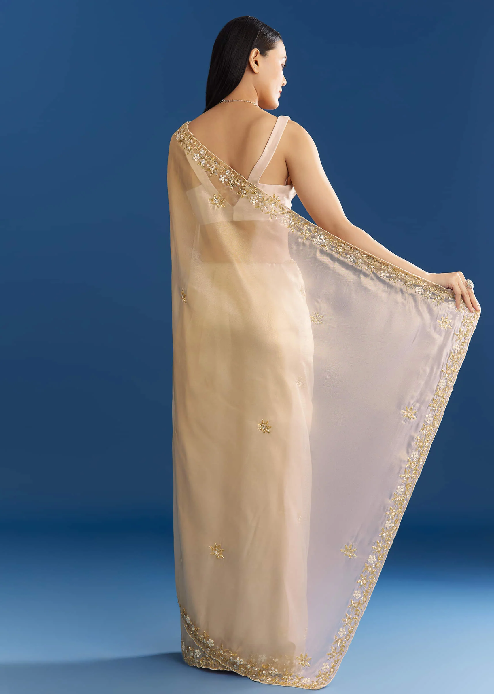 Off White Organza Tissue Saree With Beaded Scallop Border - Image 6