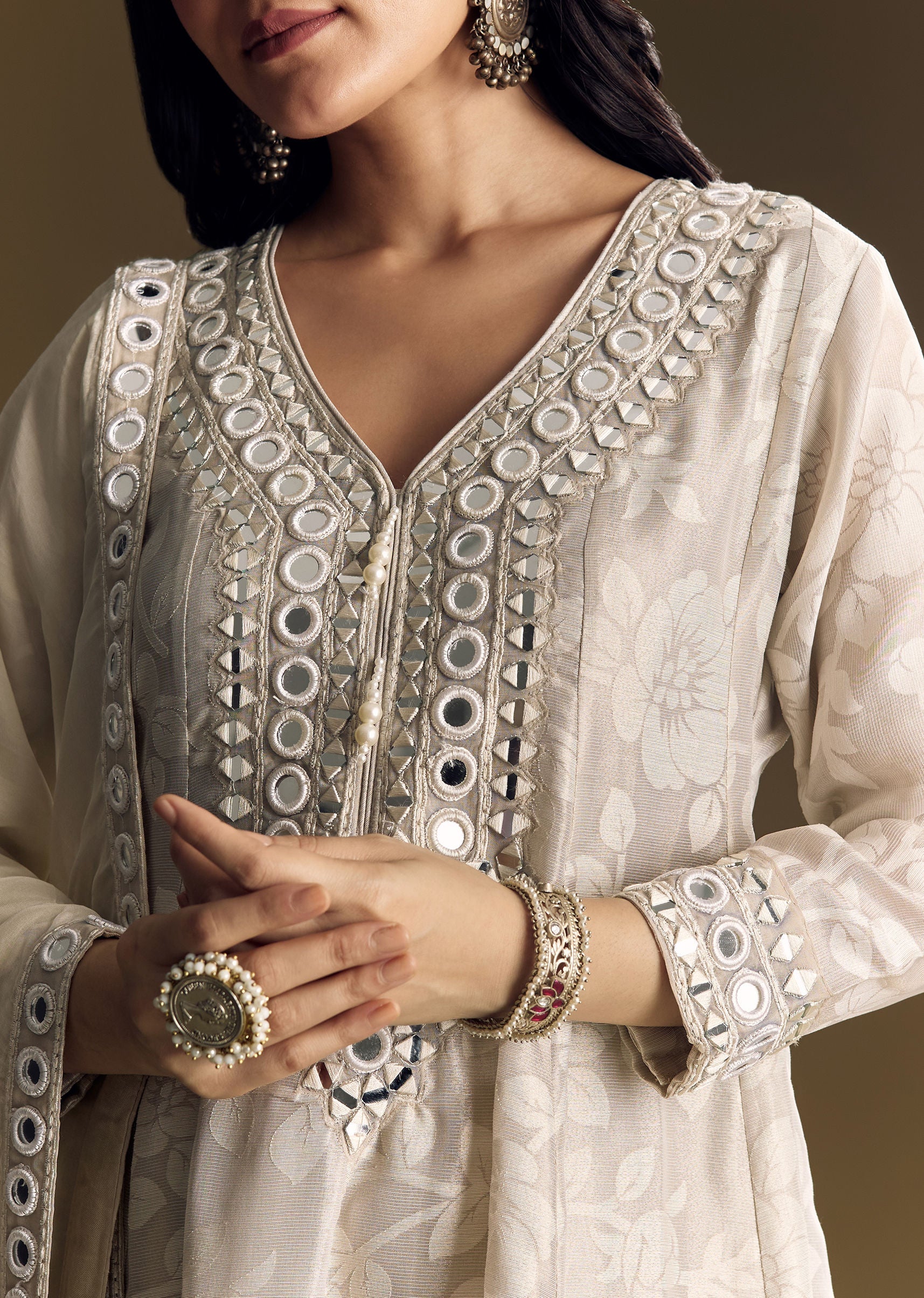 Off White Patiala Suit With Mirror Work Kurta Dupatta - Image 2