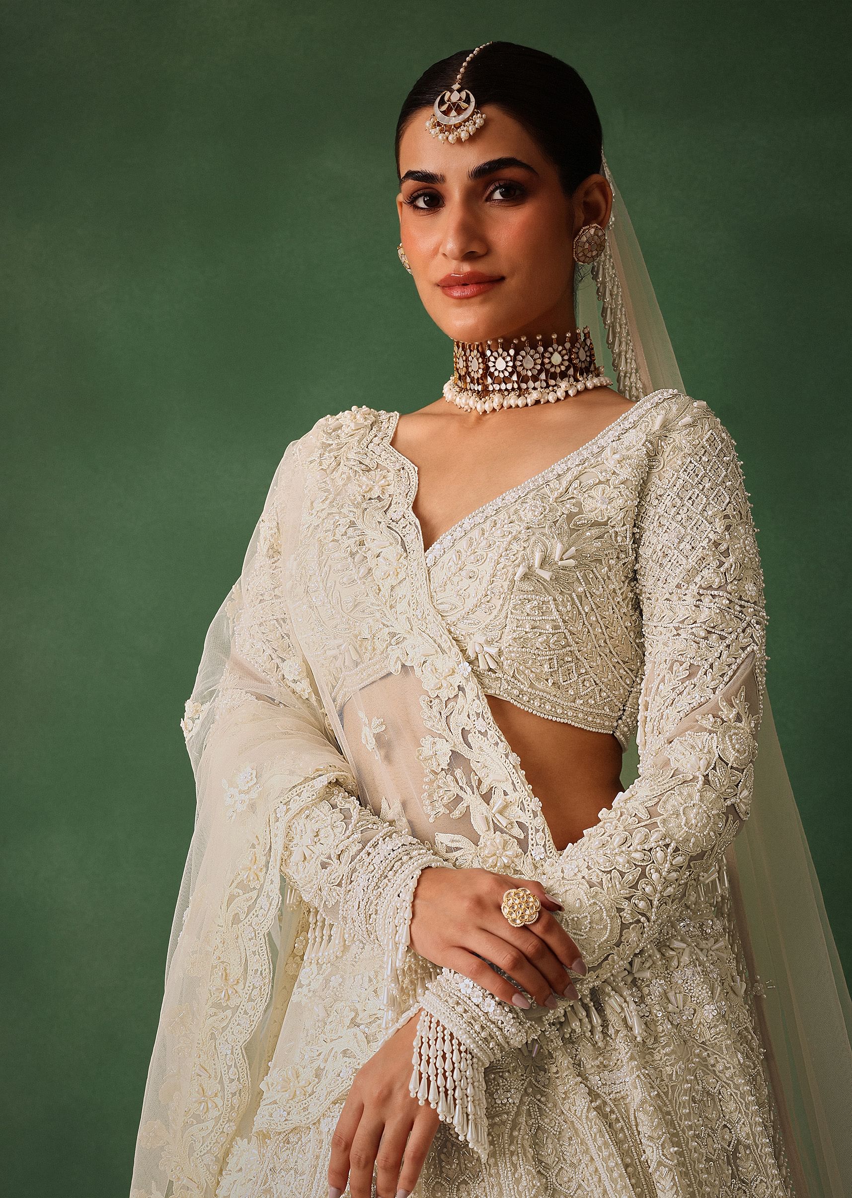 Off White Pearl Embroidered Lehenga Set With Dupatta - Image 3