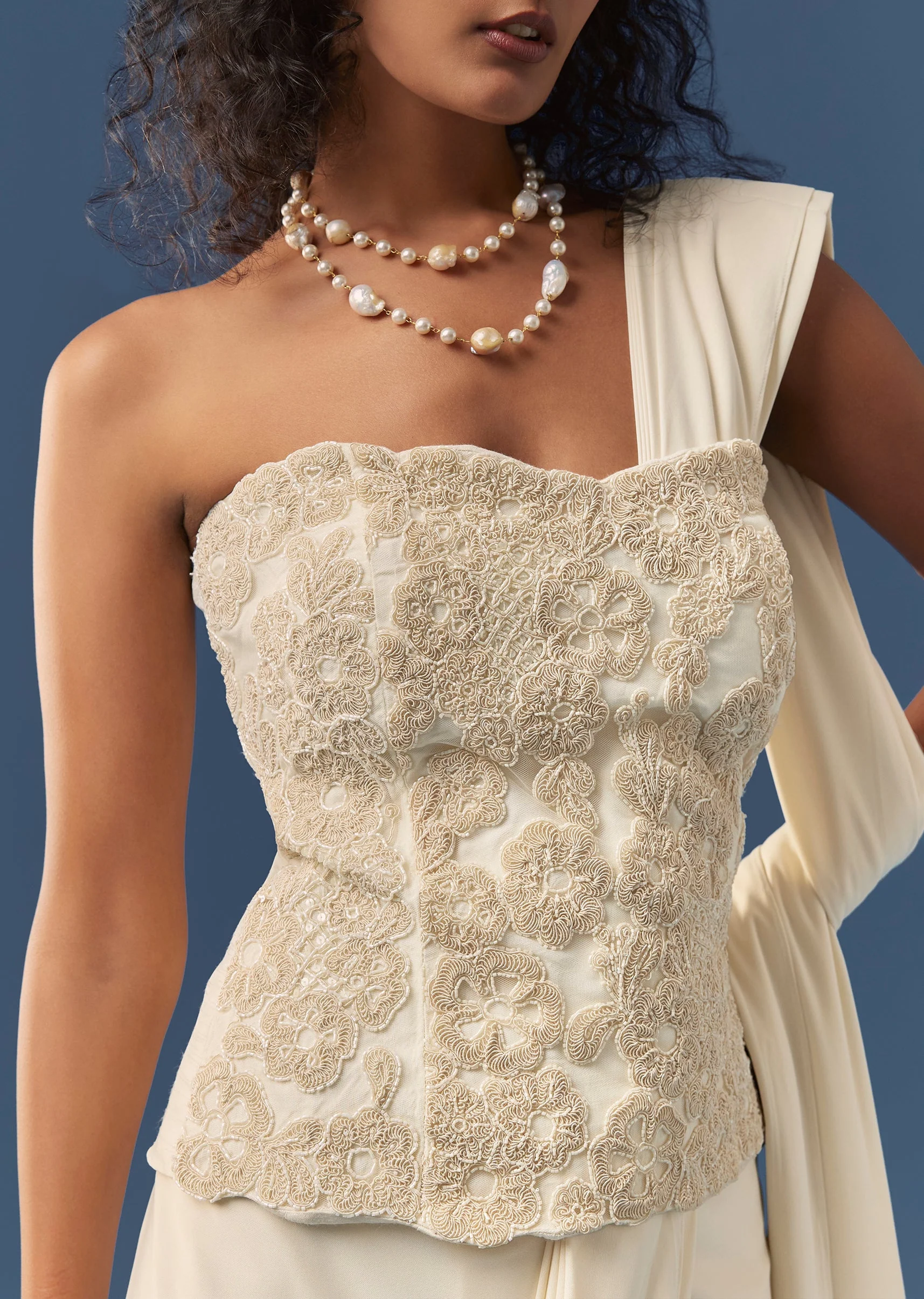 Off White Pre-Draped Saree with Corset Blouse - Image 2