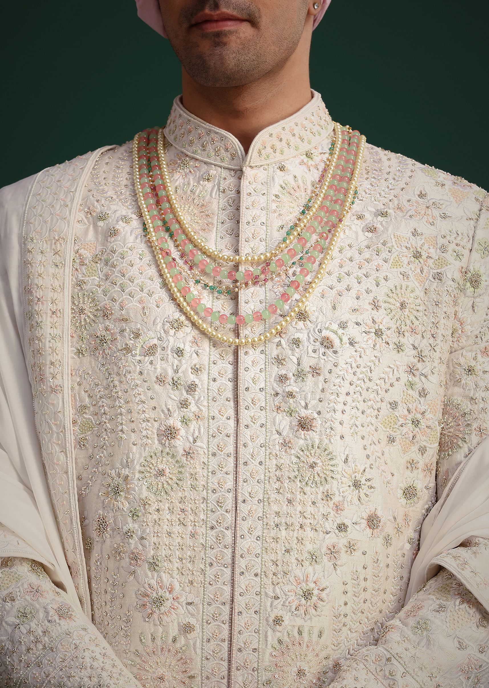 Off White Raw Silk Hand Embroidered Sherwani Dupatta Set - Image 2