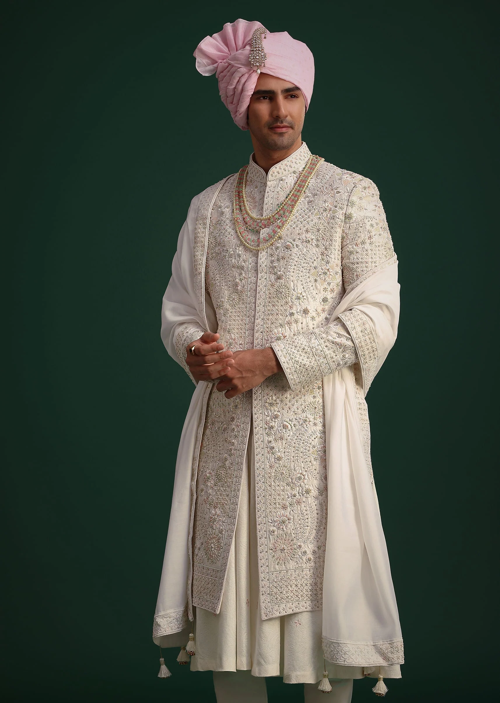 Off White Raw Silk Hand Embroidered Sherwani Dupatta Set - Image 4