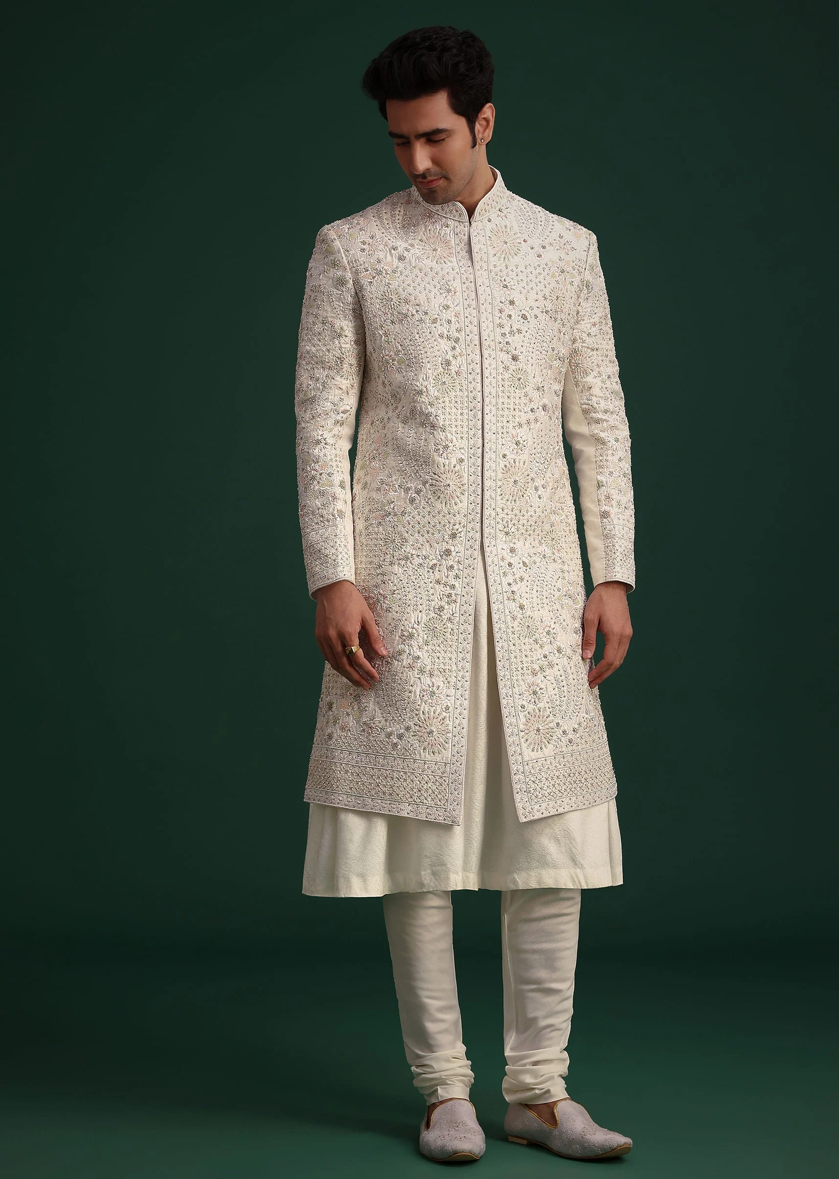 Off White Raw Silk Hand Embroidered Sherwani Dupatta Set - Image 6