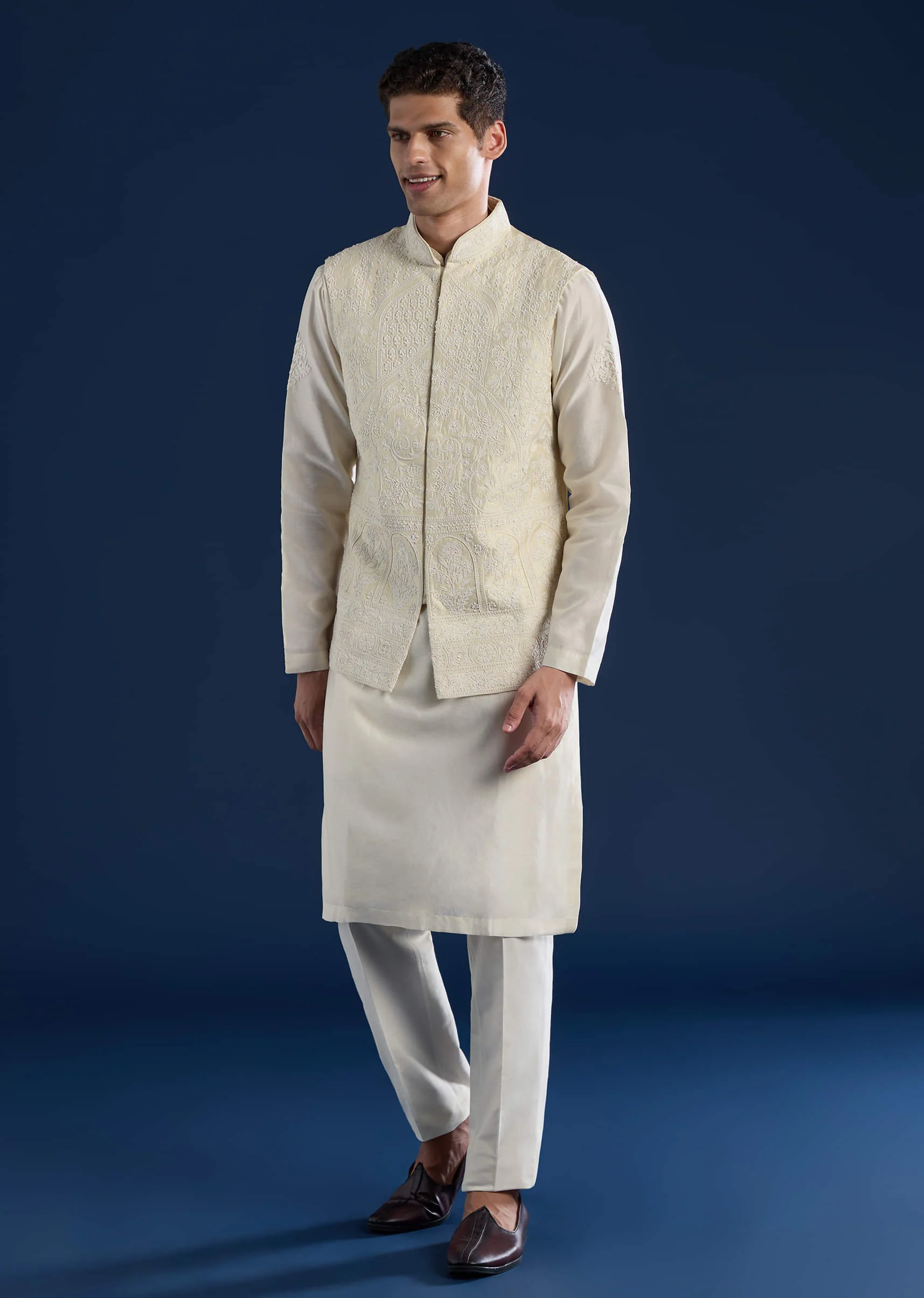 Off White Raw Silk Jacket and Kurta Set with Dori Work - Image 3